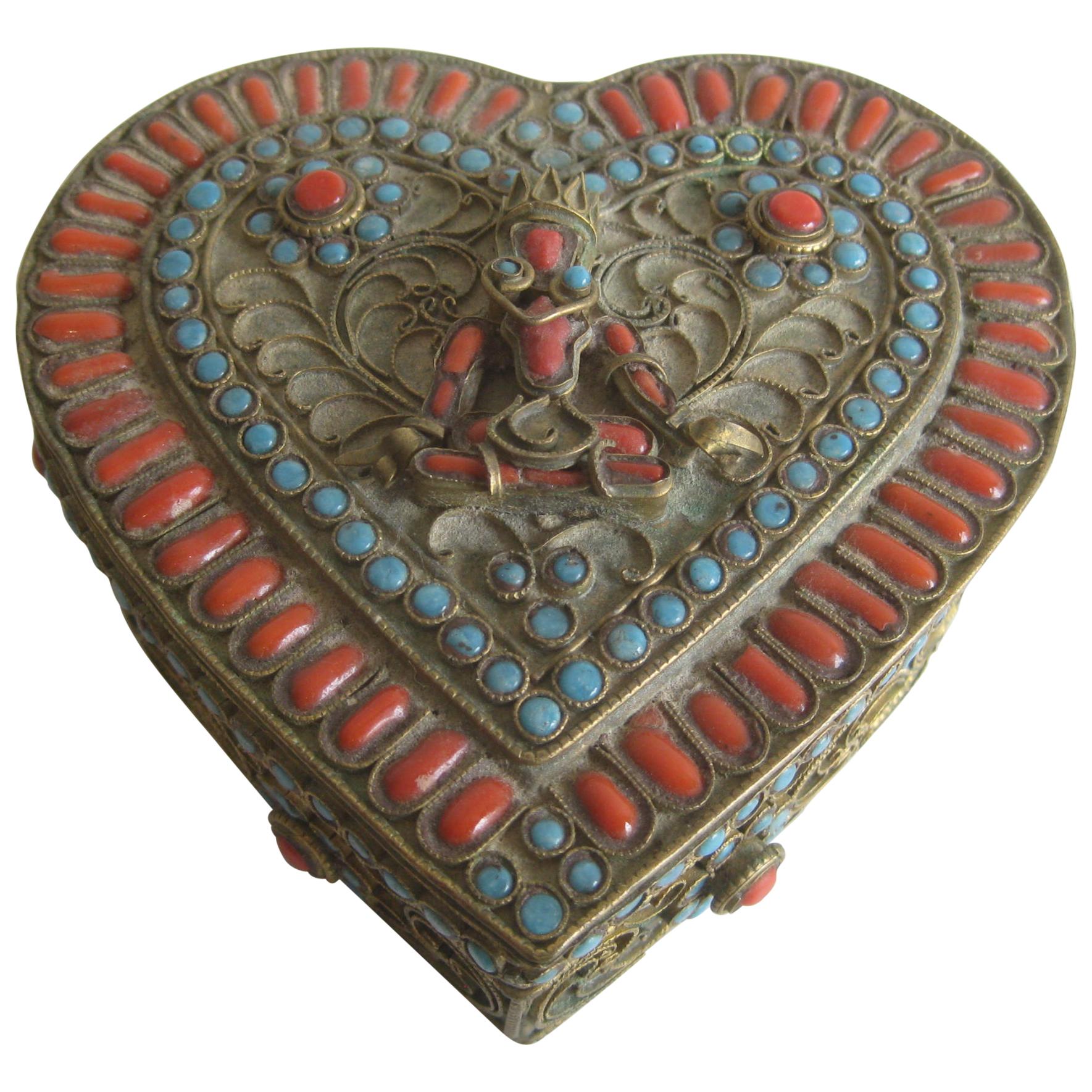 Antique Chinese Tibetan Buddha Brass Filigree Turquoise Coral Heart Shaped Box