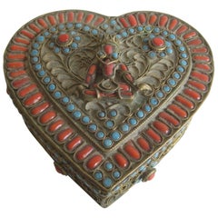 Antique Chinese Tibetan Buddha Brass Filigree Turquoise Coral Heart Shaped Box