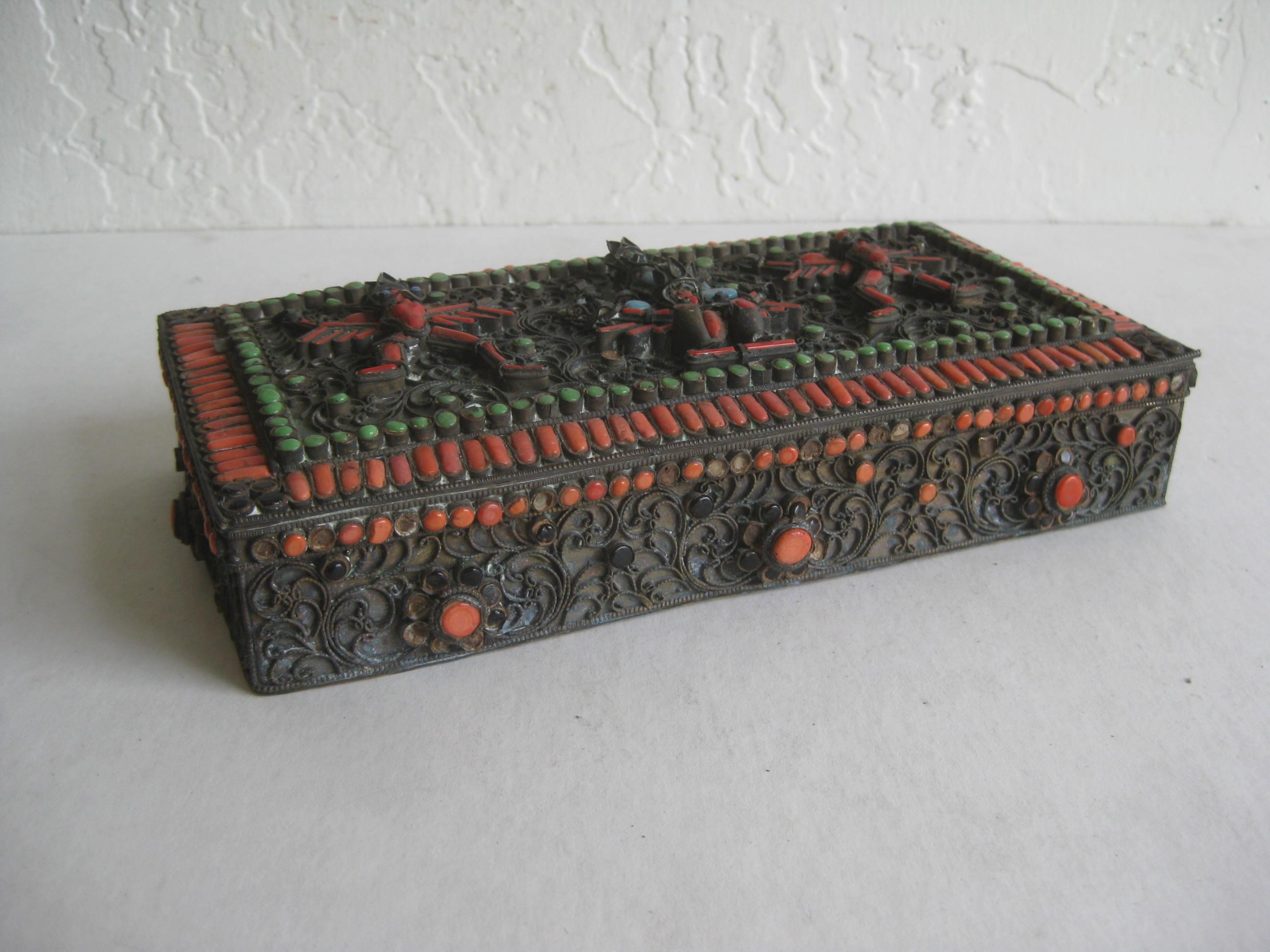 Antique Chinese Tibetan Filigree Brass Trinket Box with Turquoise and Coral For Sale 1