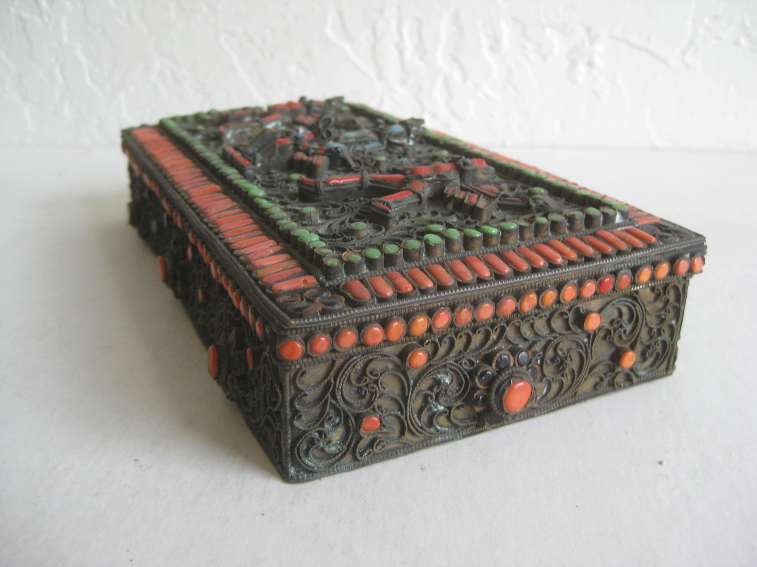 Antique Chinese Tibetan Filigree Brass Trinket Box with Turquoise and Coral For Sale 3