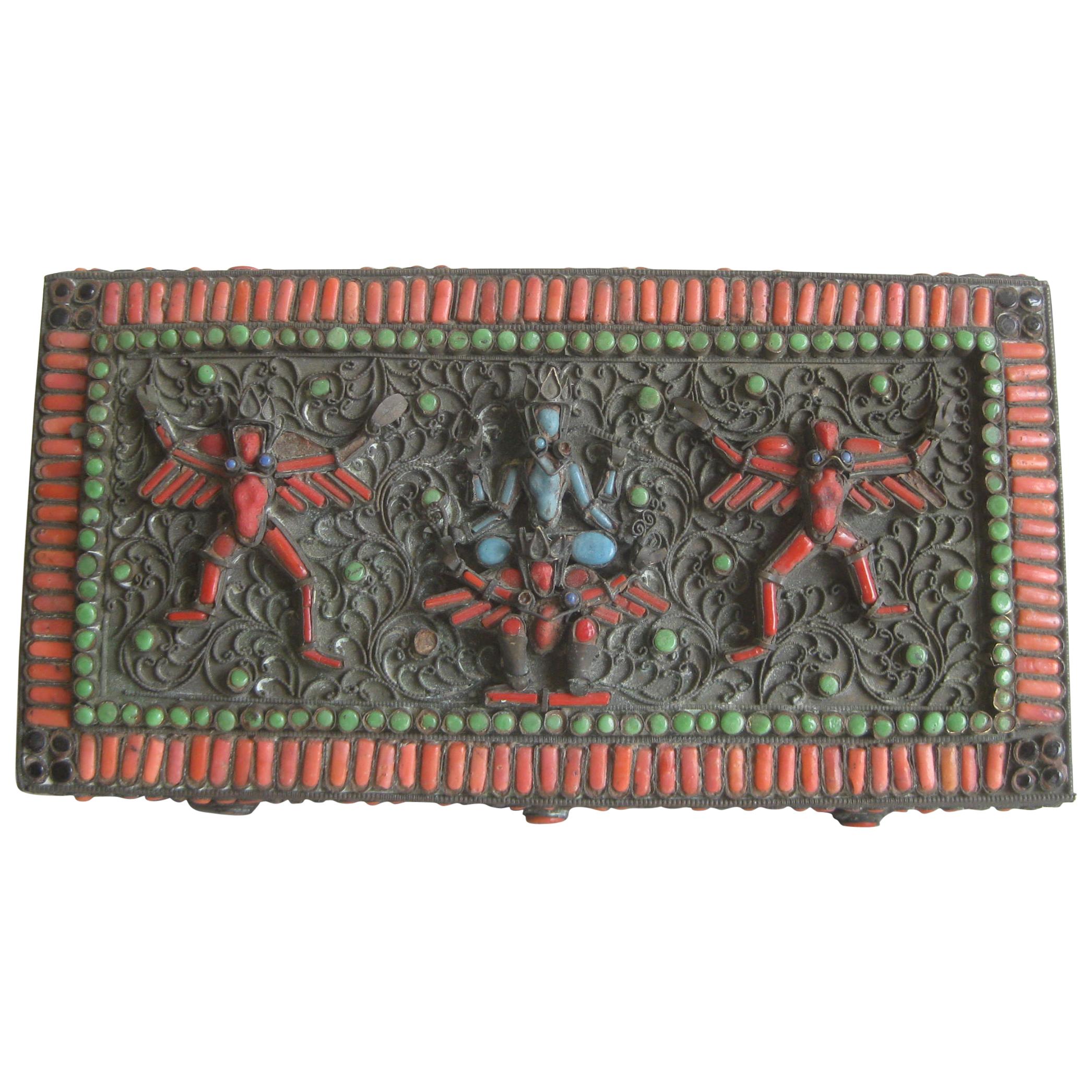 Antique Chinese Tibetan Filigree Brass Trinket Box with Turquoise and Coral For Sale