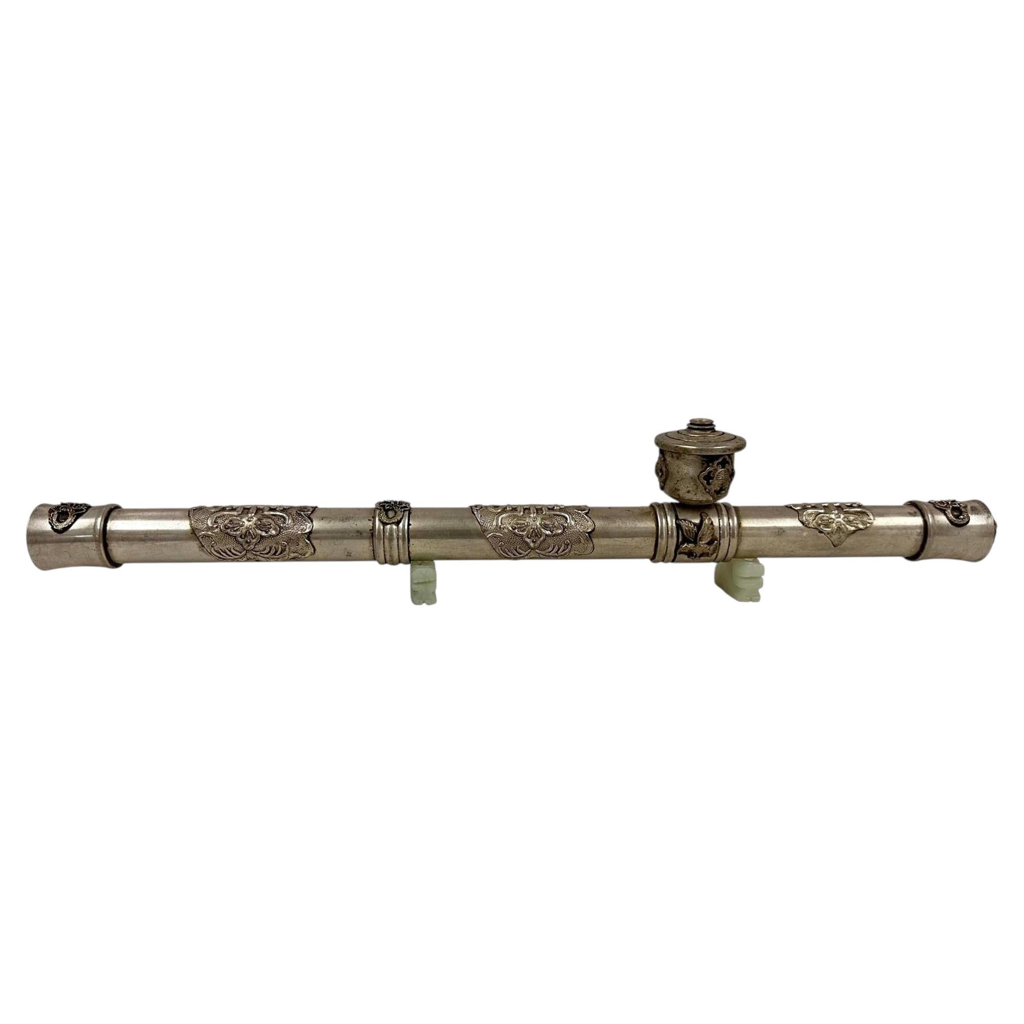 Antique Chinese/Tibetan Silver Smoking Pipe, Late Qing Dynasty, Handcrafted Art