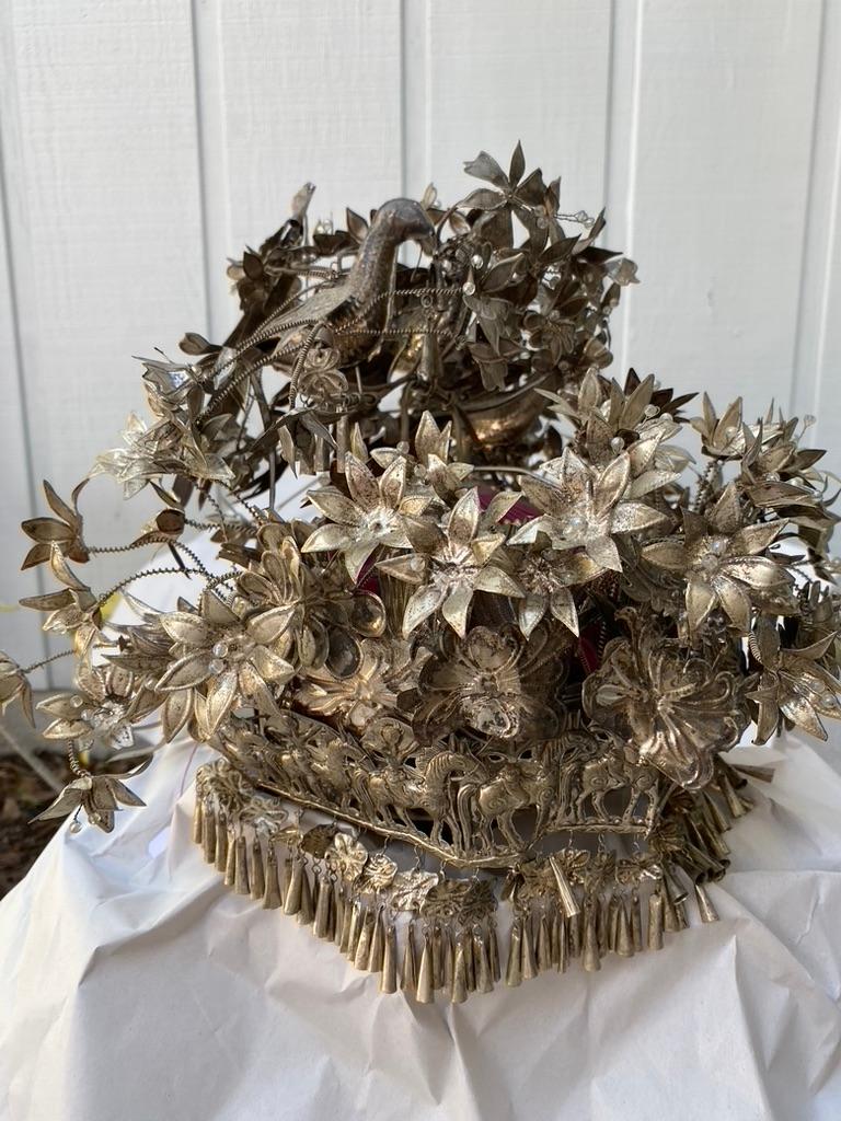 Antique Chinese Tribal Silver Bridal Crown In Good Condition For Sale In Sarasota, FL