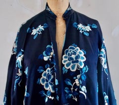 Antique Chinese Tricolored Blue Silk Embroidered Robe