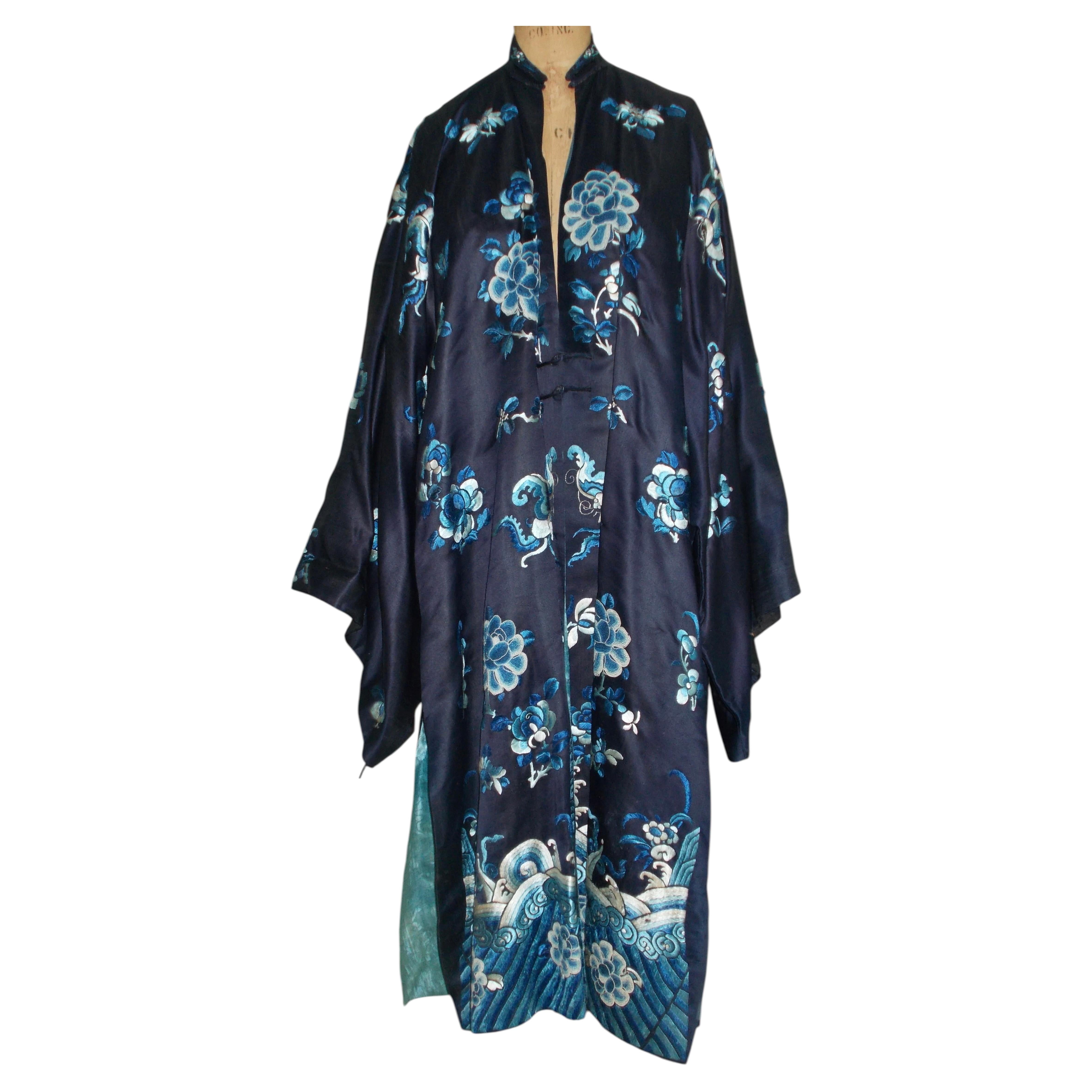 Antique Chinese Tricolored Blue Silk Embroidered Robe