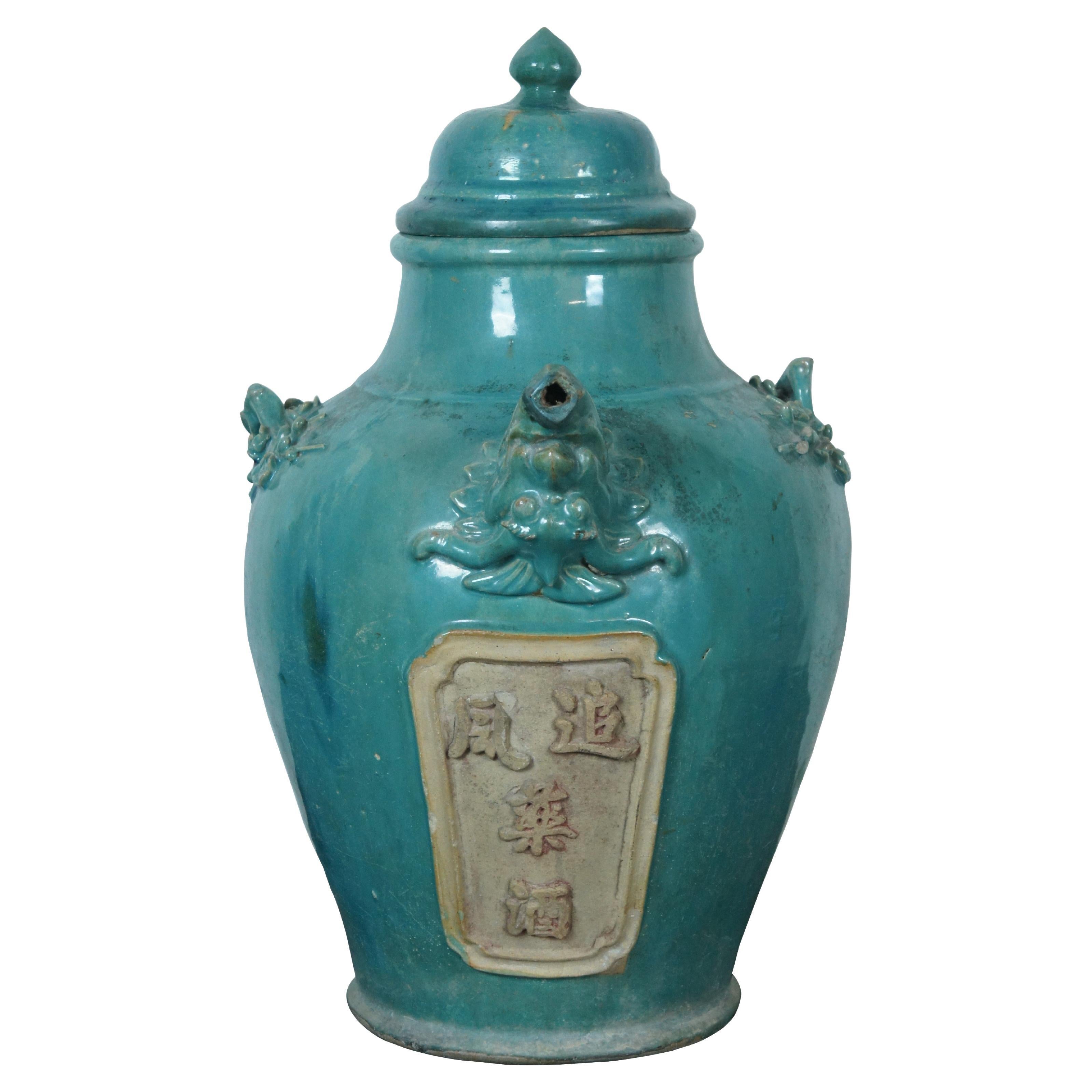 Antique Chinese Turquoise Green Ceramic Wine Jug Jar Medicine Urn Bottle 19"
