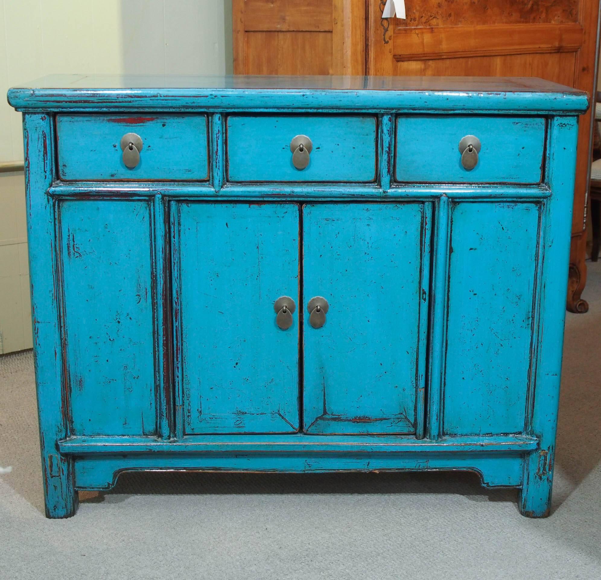 Antique Chinese turquoise lacquered cabinet.