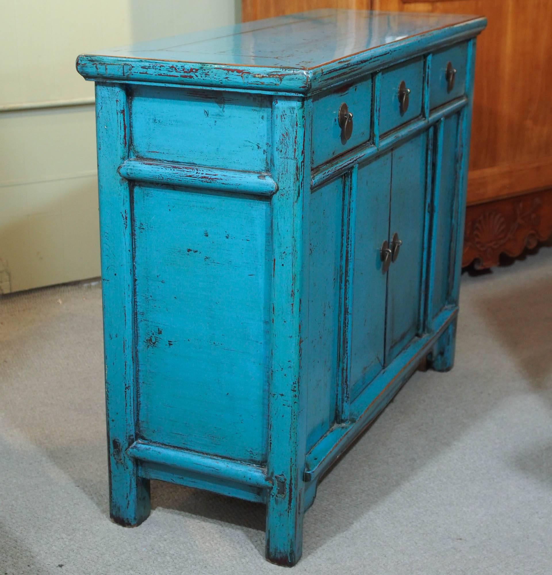 Beech Antique Chinese Turquoise Lacquered Cabinet