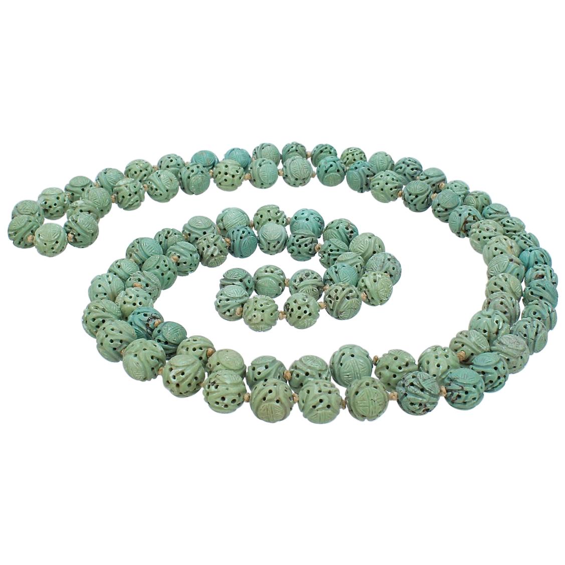 Antique Chinese Turquoise Shou Bead Necklace