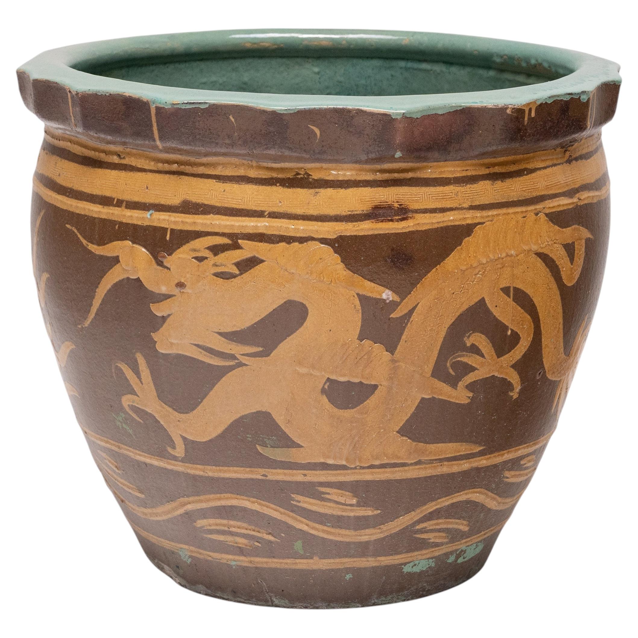 Jarra china antigua para encurtidos con dos dragones, siglo XIX