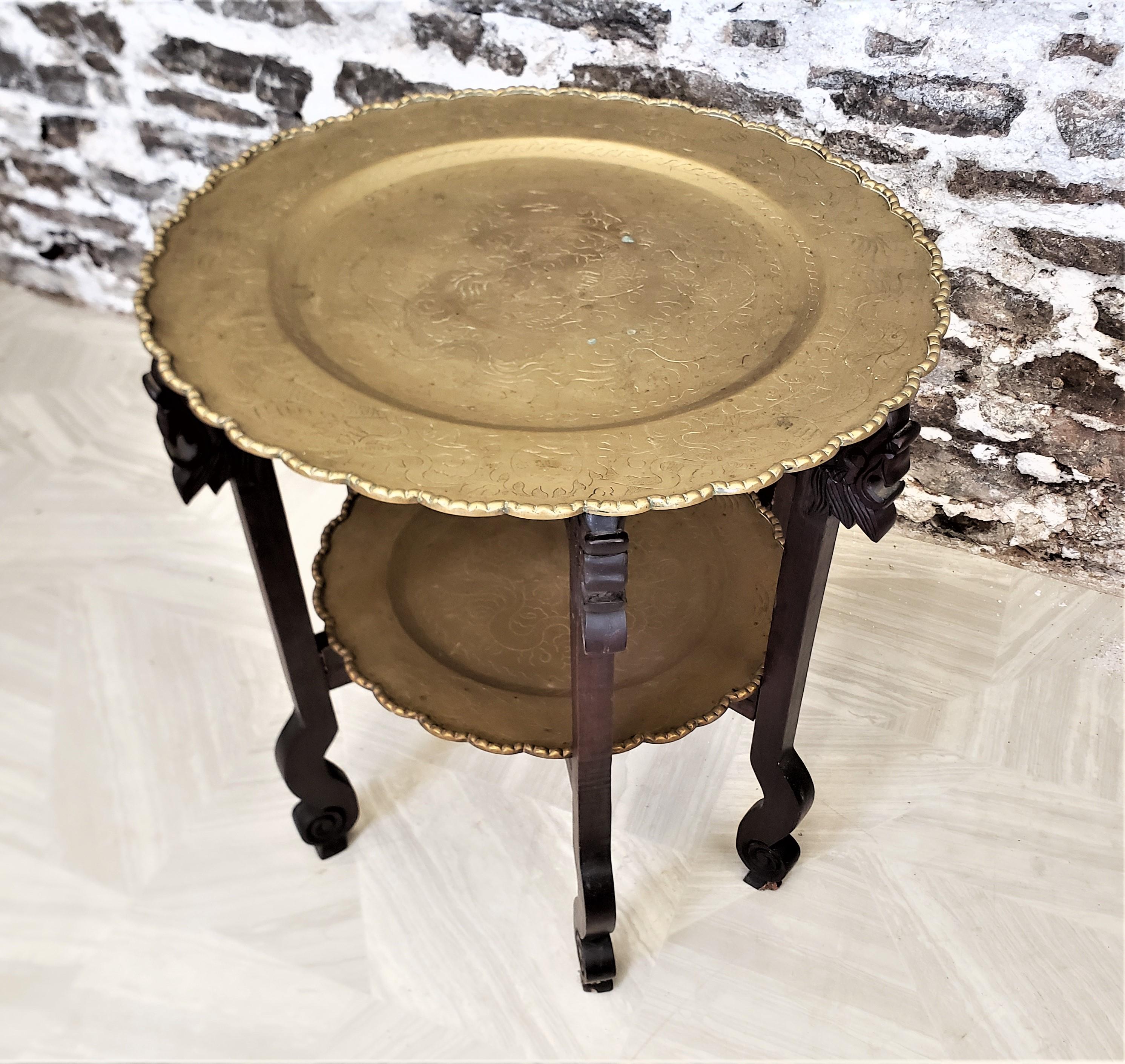 Chinese Export Antique Chinese Two Tiered Brass Occasional Tray Table with Engraved Tops For Sale
