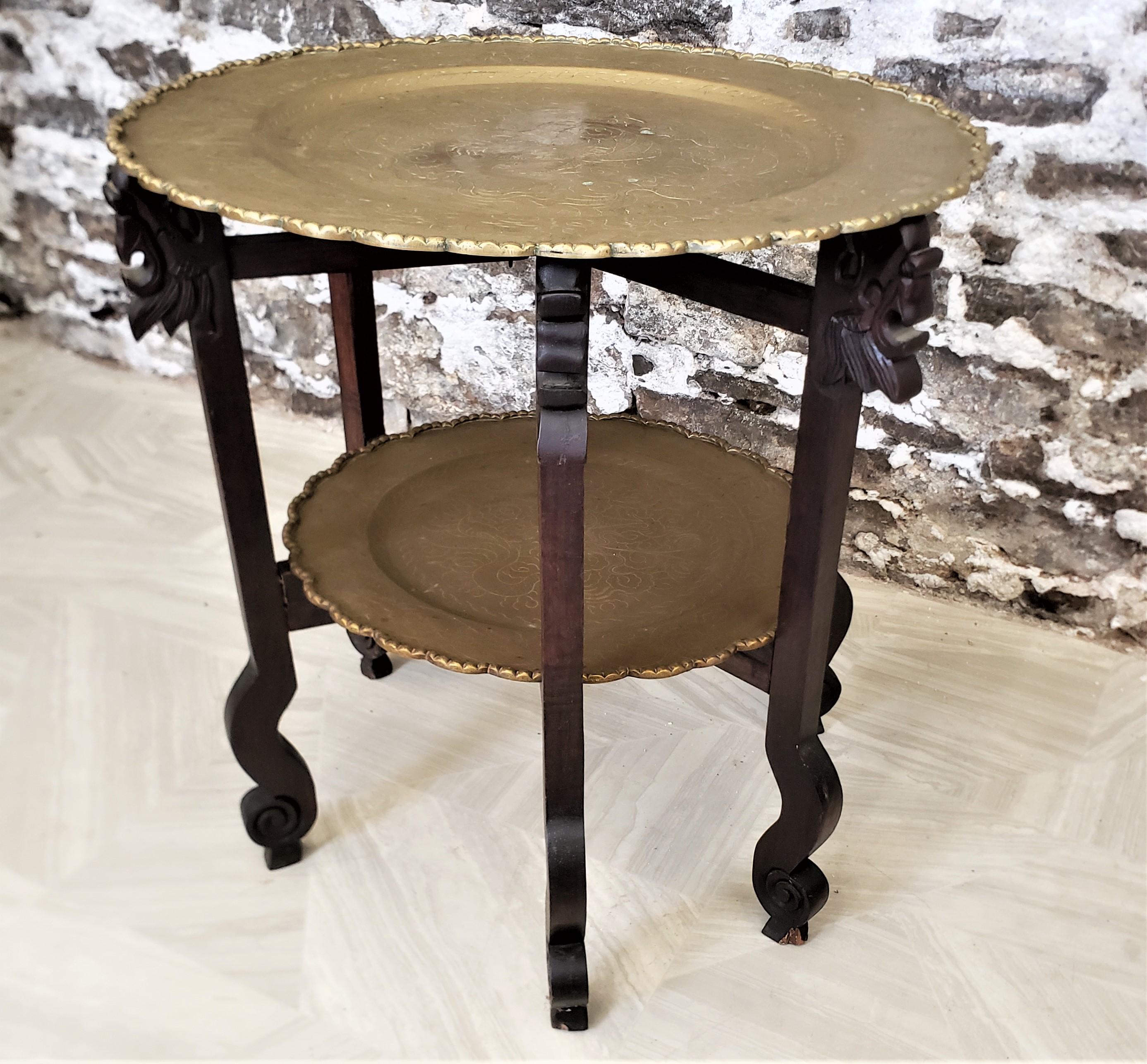 Antique Chinese Two Tiered Brass Occasional Tray Table with Engraved Tops In Good Condition For Sale In Hamilton, Ontario