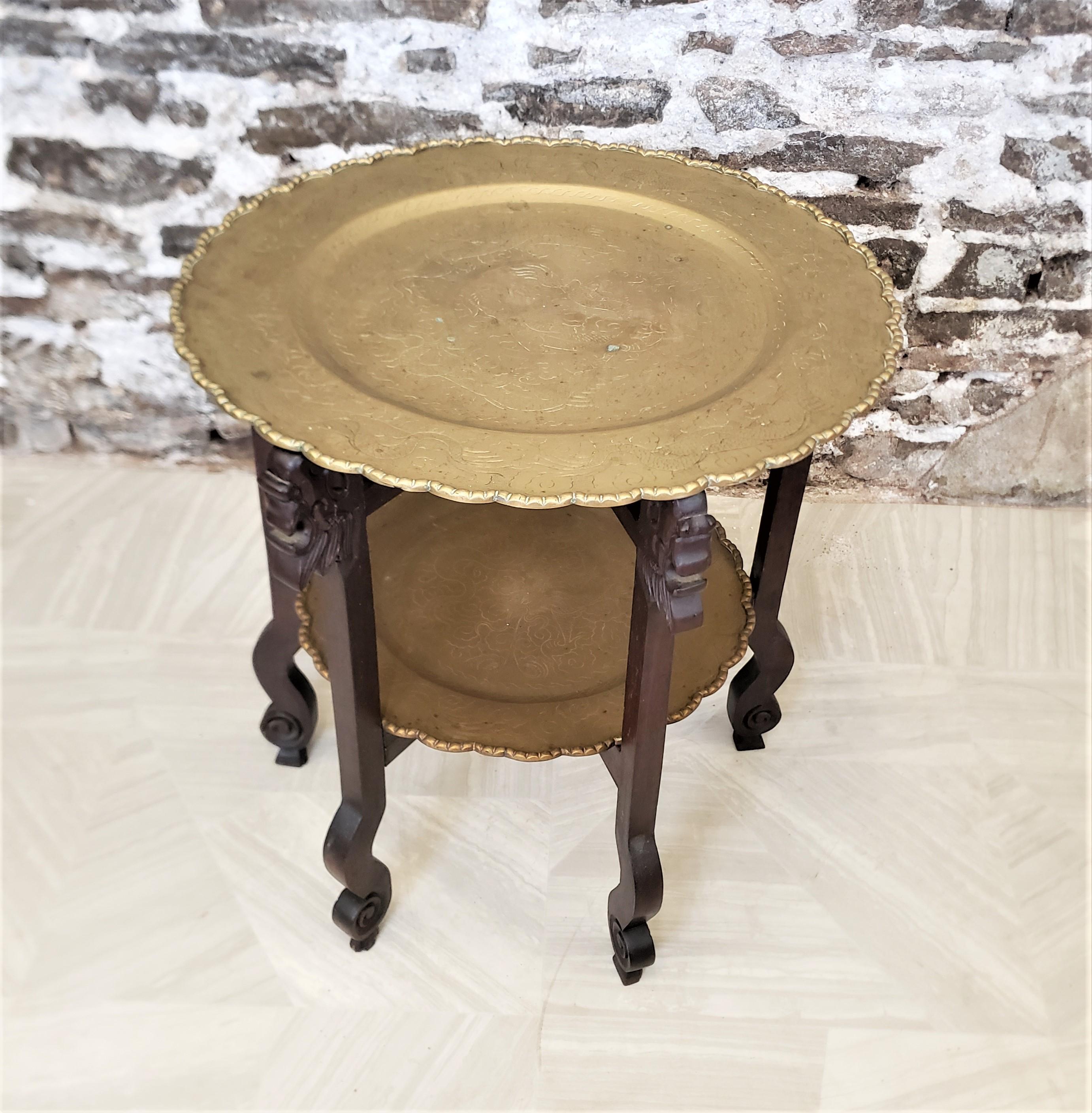 20th Century Antique Chinese Two Tiered Brass Occasional Tray Table with Engraved Tops For Sale