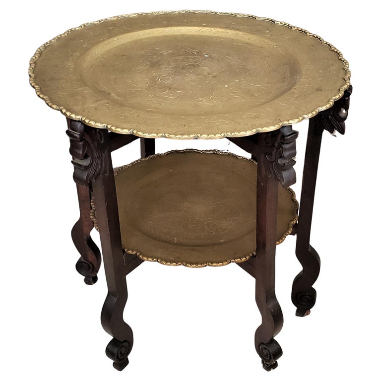 Industrialize let down spade Antique Chinese Two Tiered Brass Occasional Tray Table with Engraved Tops  For Sale at 1stDibs