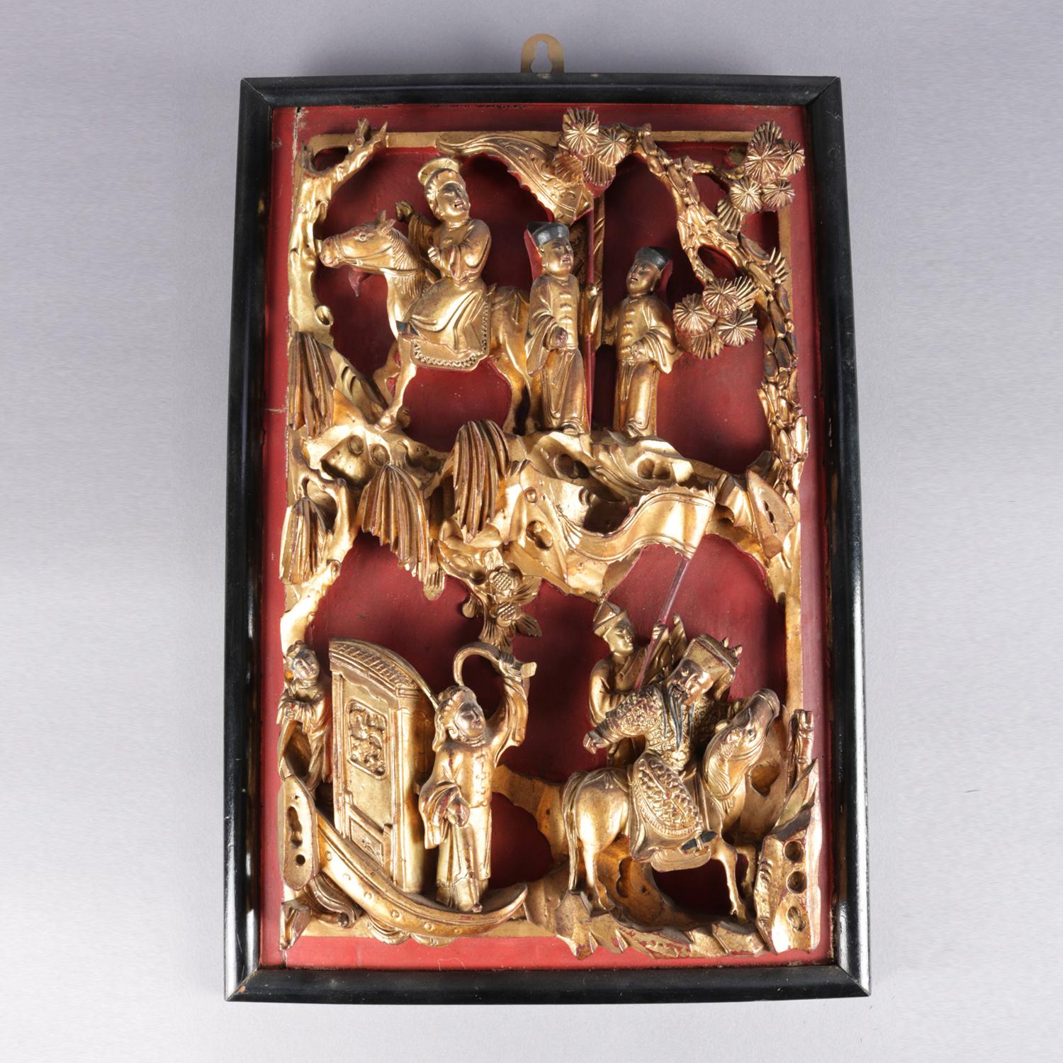 Antique Chinese vermilion and giltwood wall plaque features multi-dimensional scene depicting warriors on horseback, circa 1900

Measures: 16
