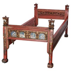 Antique Chinese Vermillion Red & Gilt Youth Bed with Hand Painted Panels, 19th C
