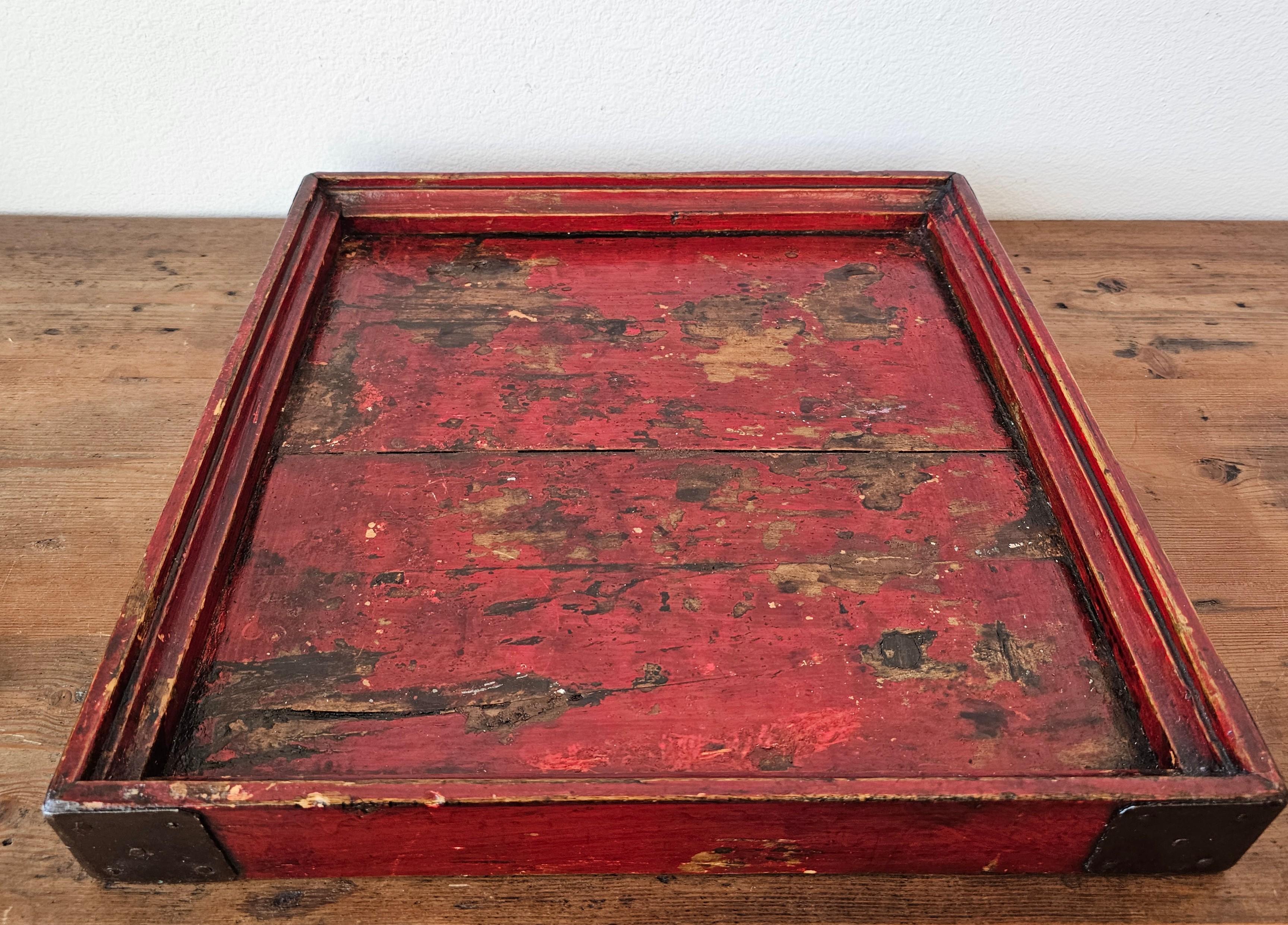 Antique Chinese Wabi-sabi Dark Red Lacquered Metal Mounted Wood Tray 7