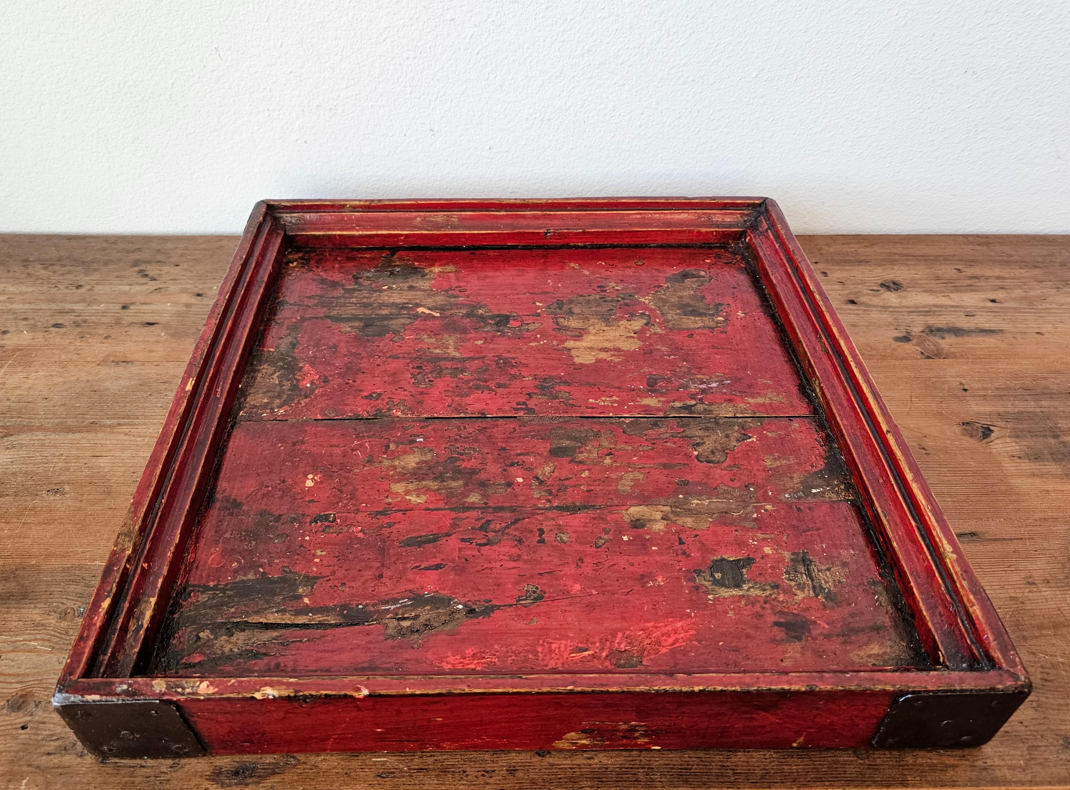 Qing Antique Chinese Wabi-sabi Dark Red Lacquered Metal Mounted Wood Tray