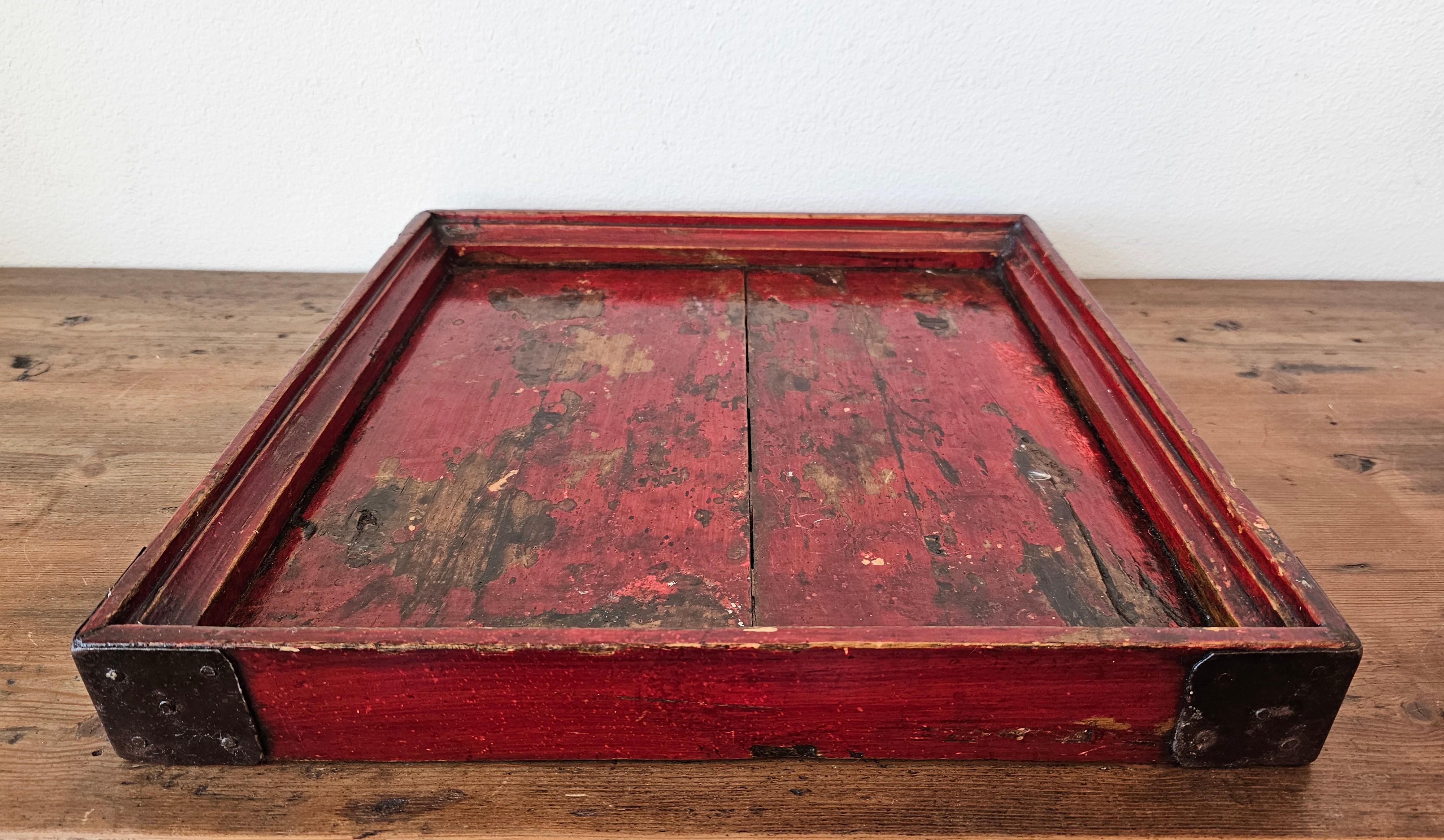 Hand-Carved Antique Chinese Wabi-sabi Dark Red Lacquered Metal Mounted Wood Tray