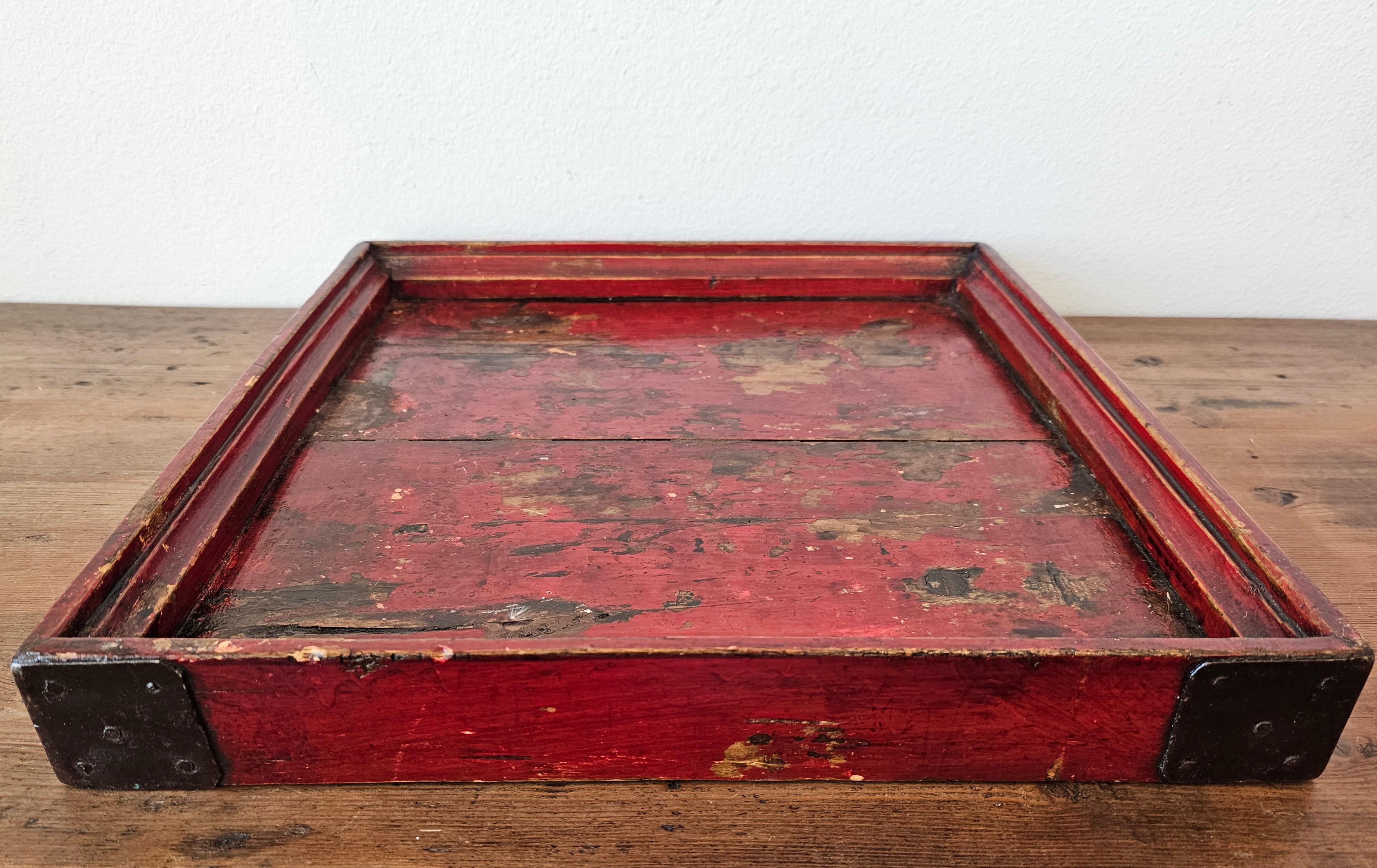 Antique Chinese Wabi-sabi Dark Red Lacquered Metal Mounted Wood Tray In Distressed Condition In Forney, TX