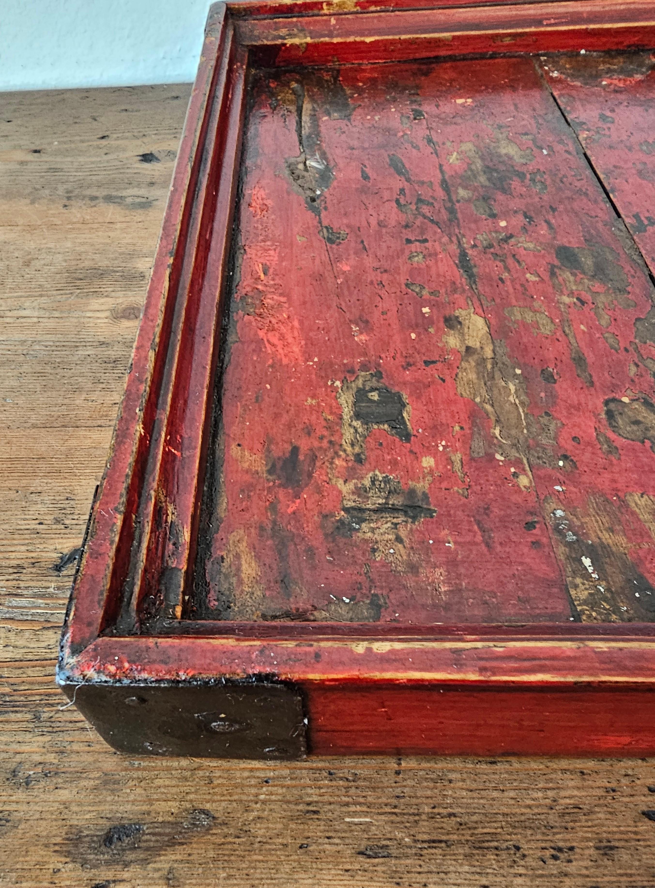 Antique Chinese Wabi-sabi Dark Red Lacquered Metal Mounted Wood Tray 1
