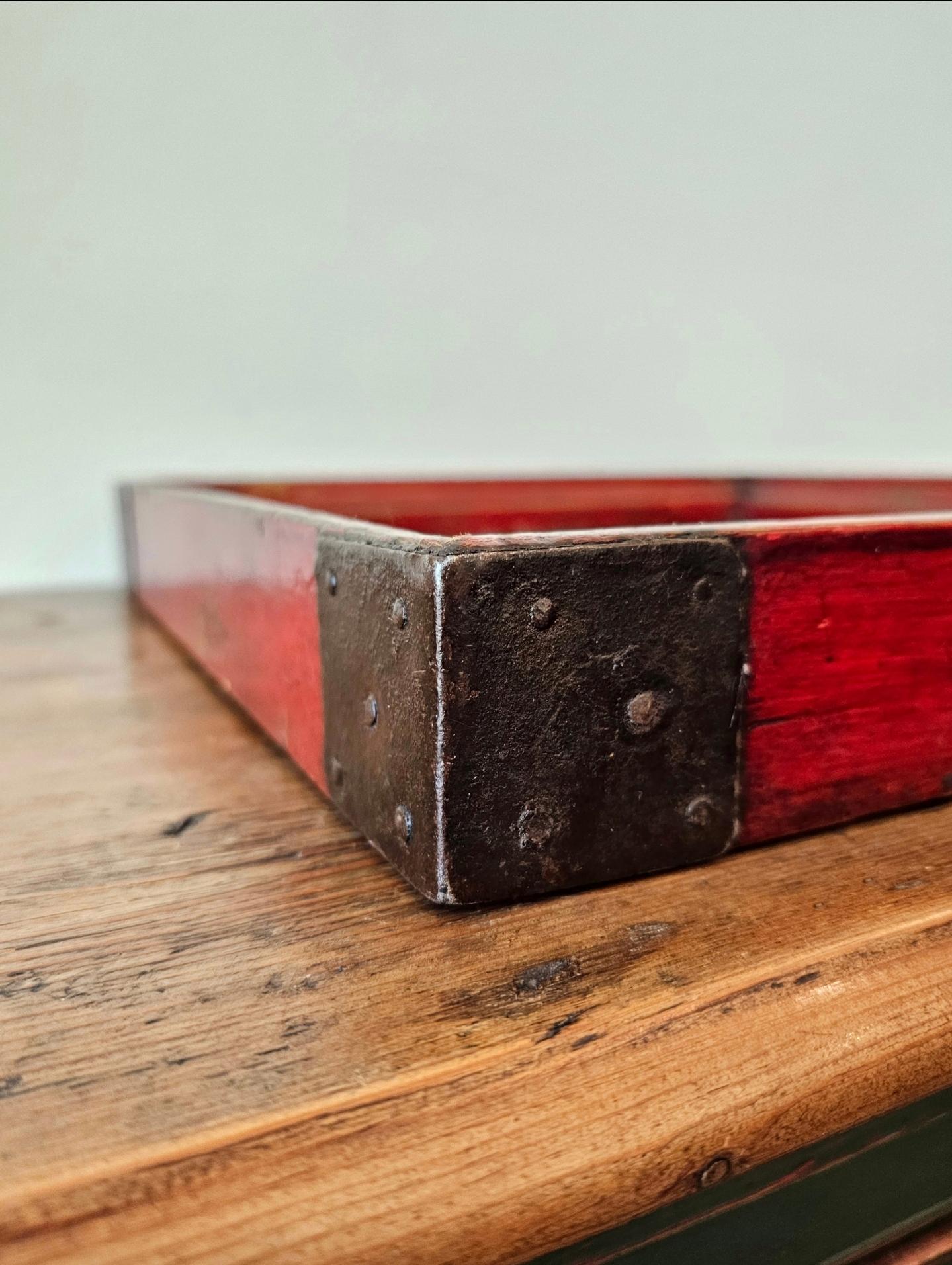 Antique Chinese Wabi-sabi Dark Red Lacquered Metal Mounted Wood Tray 2