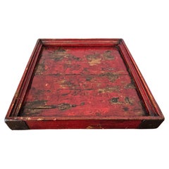 Antique Chinese Wabi-sabi Dark Red Lacquered Metal Mounted Wood Tray