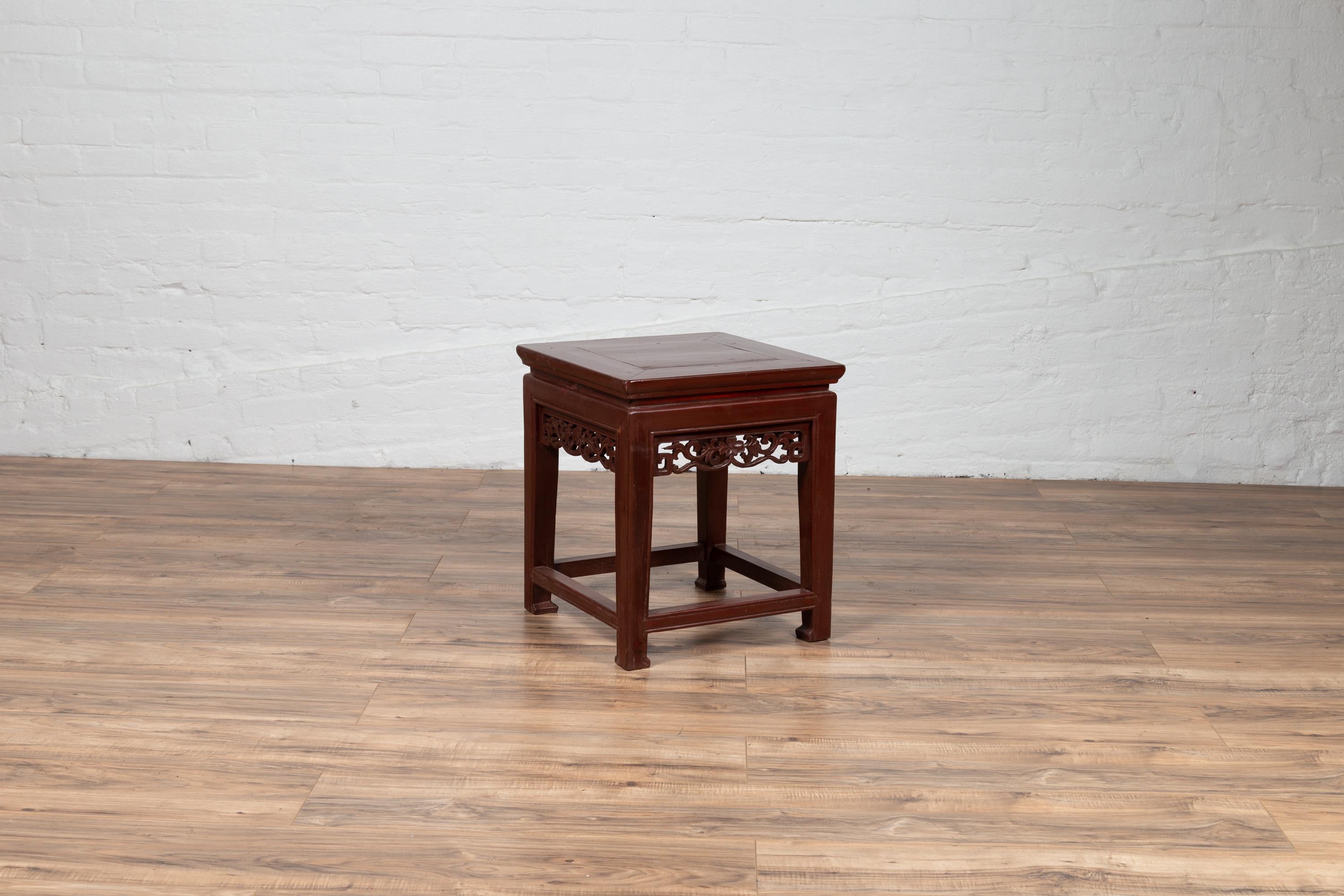 Antique Chinese Waisted Stool with Dark Red Patina and Foliage Hand Carved Apron For Sale 2