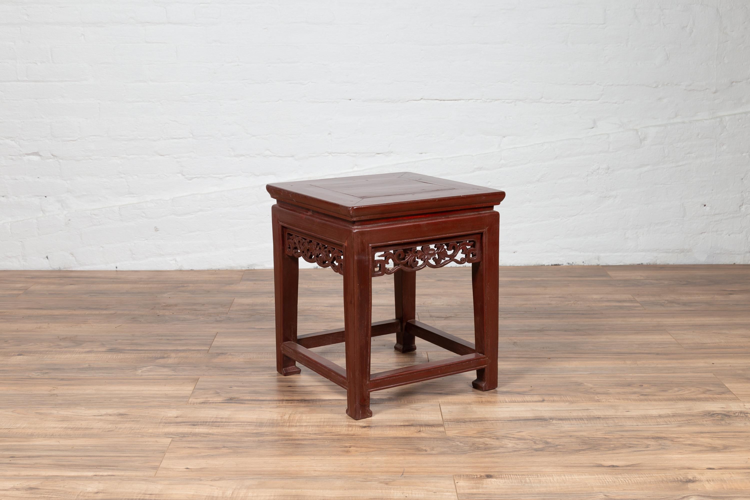 Antique Chinese Waisted Stool with Dark Red Patina and Foliage Hand Carved Apron For Sale 3