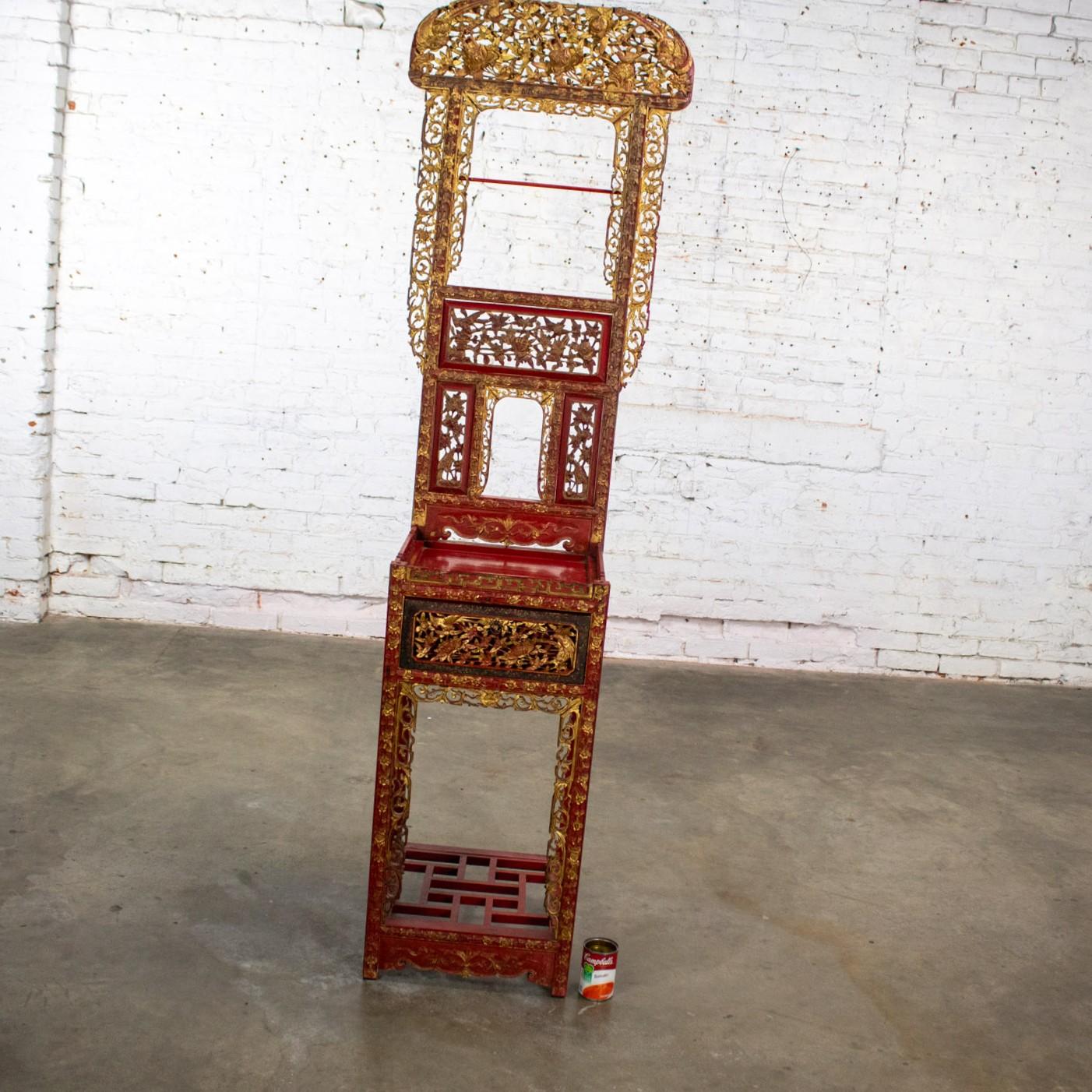 Antique Chinese Wash Basin Stand Red Lacquer & Gilded w/Hand Carved Details For Sale 13