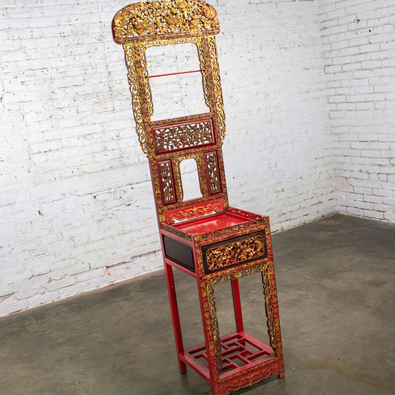 Chinese Export Antique Chinese Wash Basin Stand Red Lacquer & Gilded w/Hand Carved Details For Sale