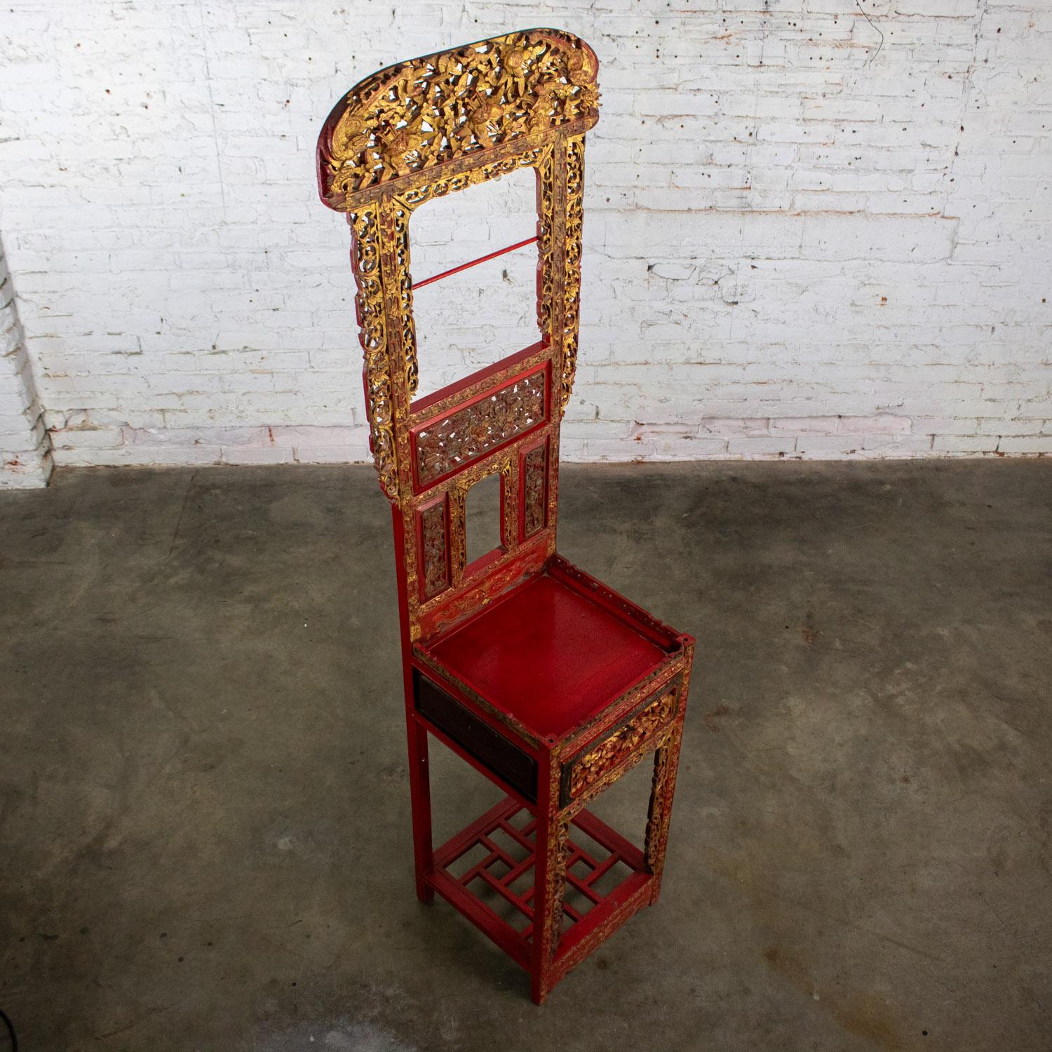 Metal Antique Chinese Wash Basin Stand Red Lacquer & Gilded w/Hand Carved Details For Sale
