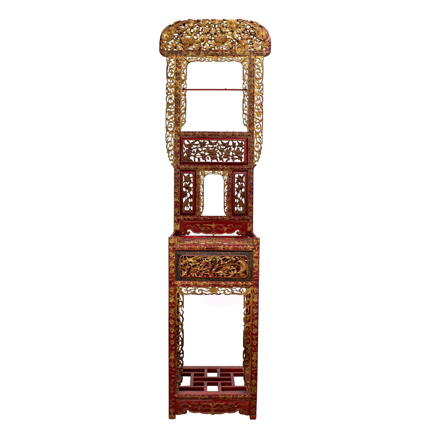 Antique Chinese Wash Basin Stand Red Lacquer & Gilded w/Hand Carved Details For Sale