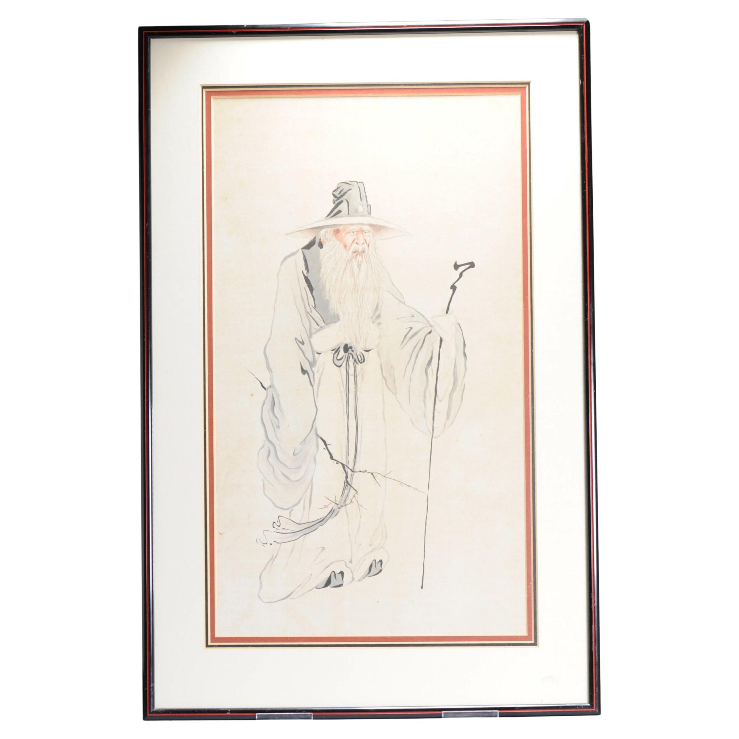Antique Chinese Water Color Painting of a Man C Qing Dynasty, 19th Century