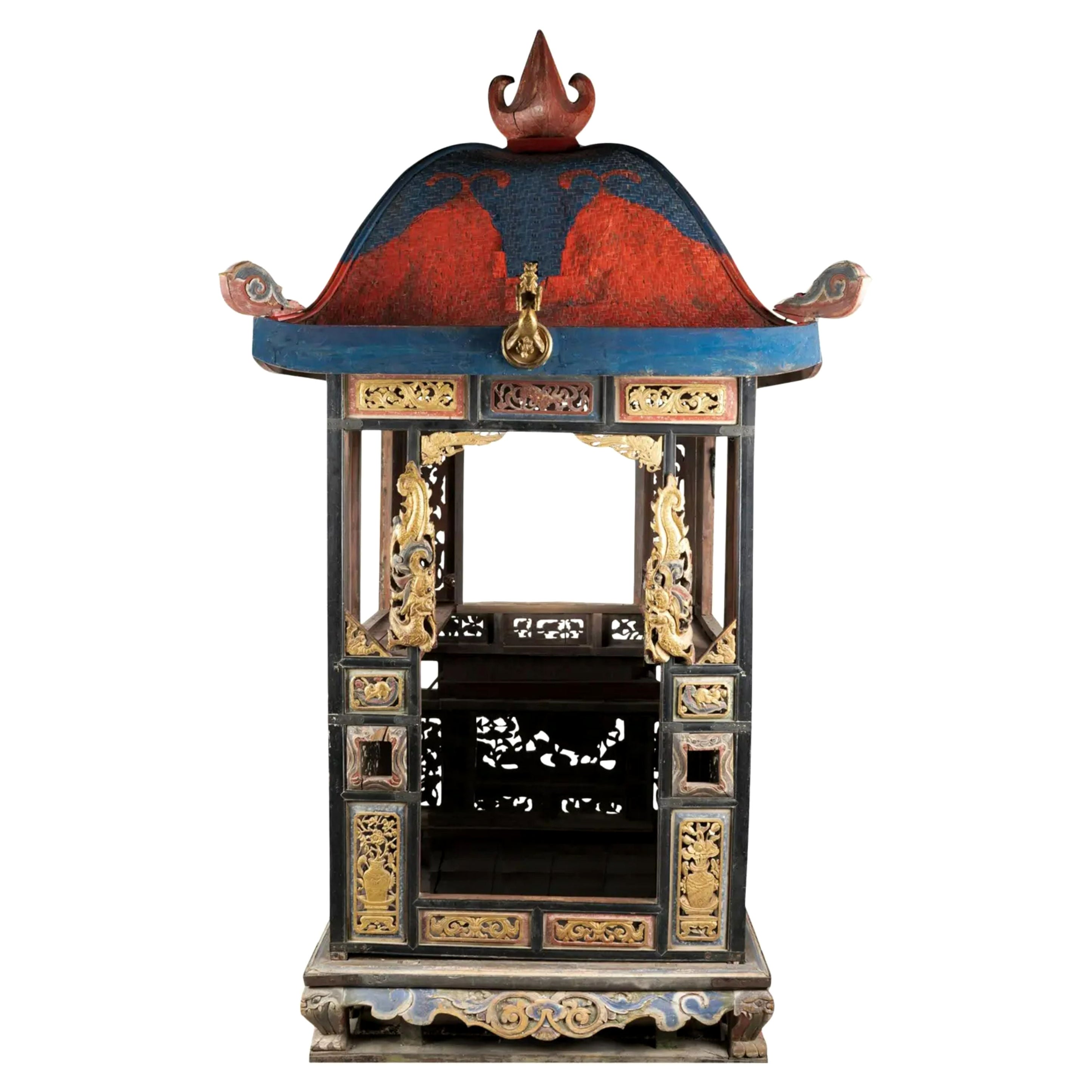 Antique Chinese Wedding Sedan Chair with Giltwood Temple Carvings