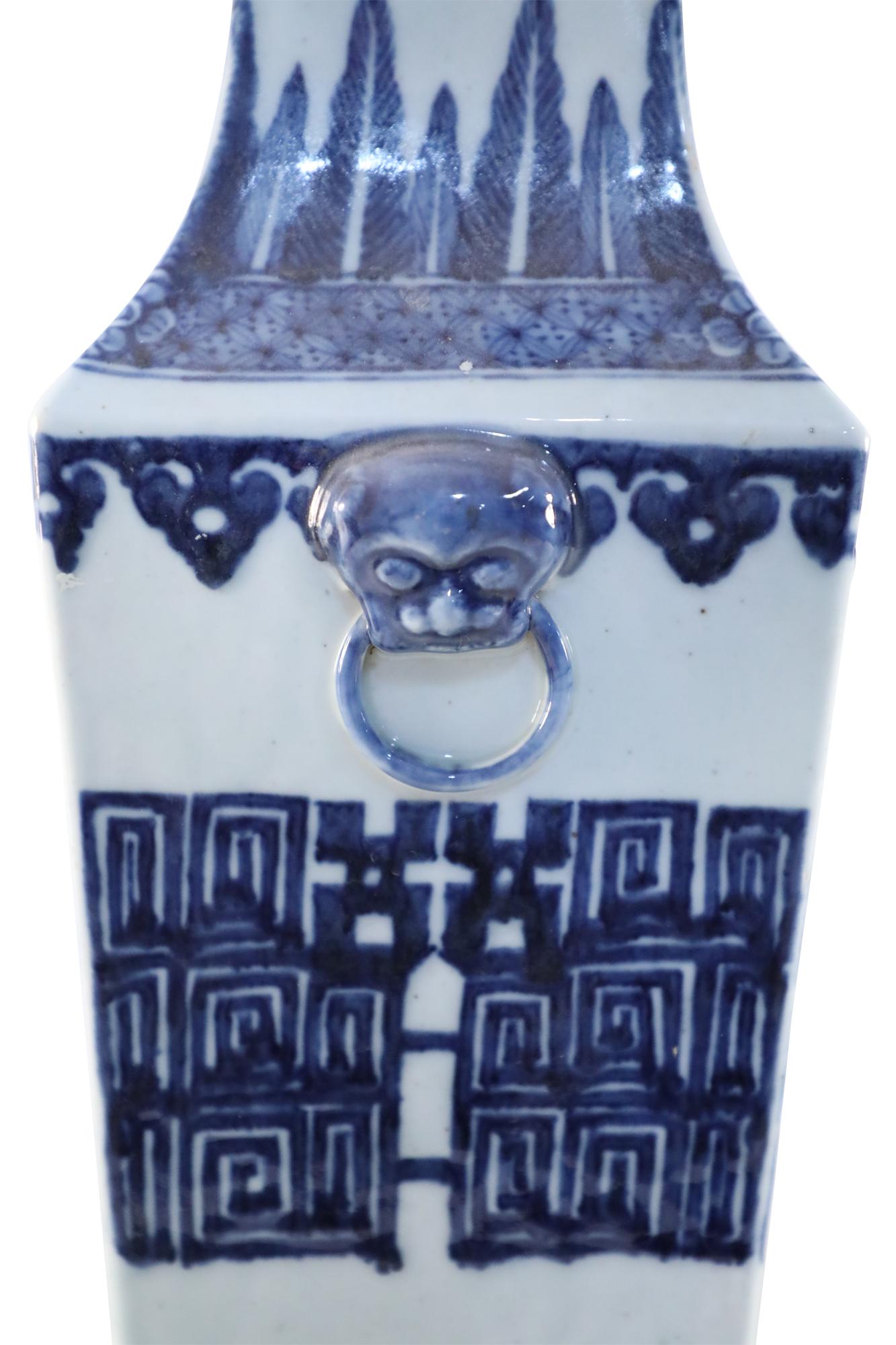 Antique Chinese White and Blue Squared Vase For Sale 1