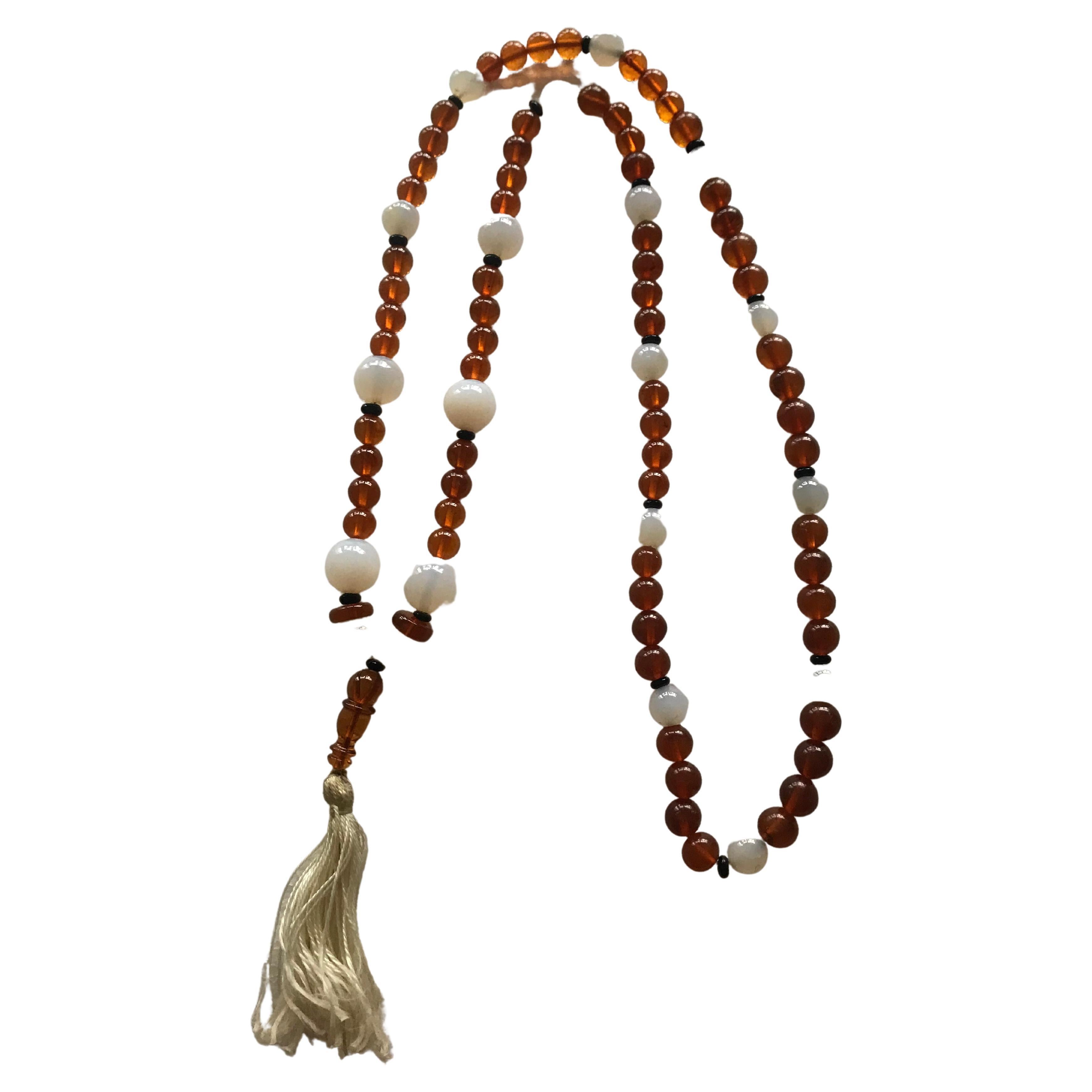 Antique Chinese White Jade with Amber Prayer Beads For Sale