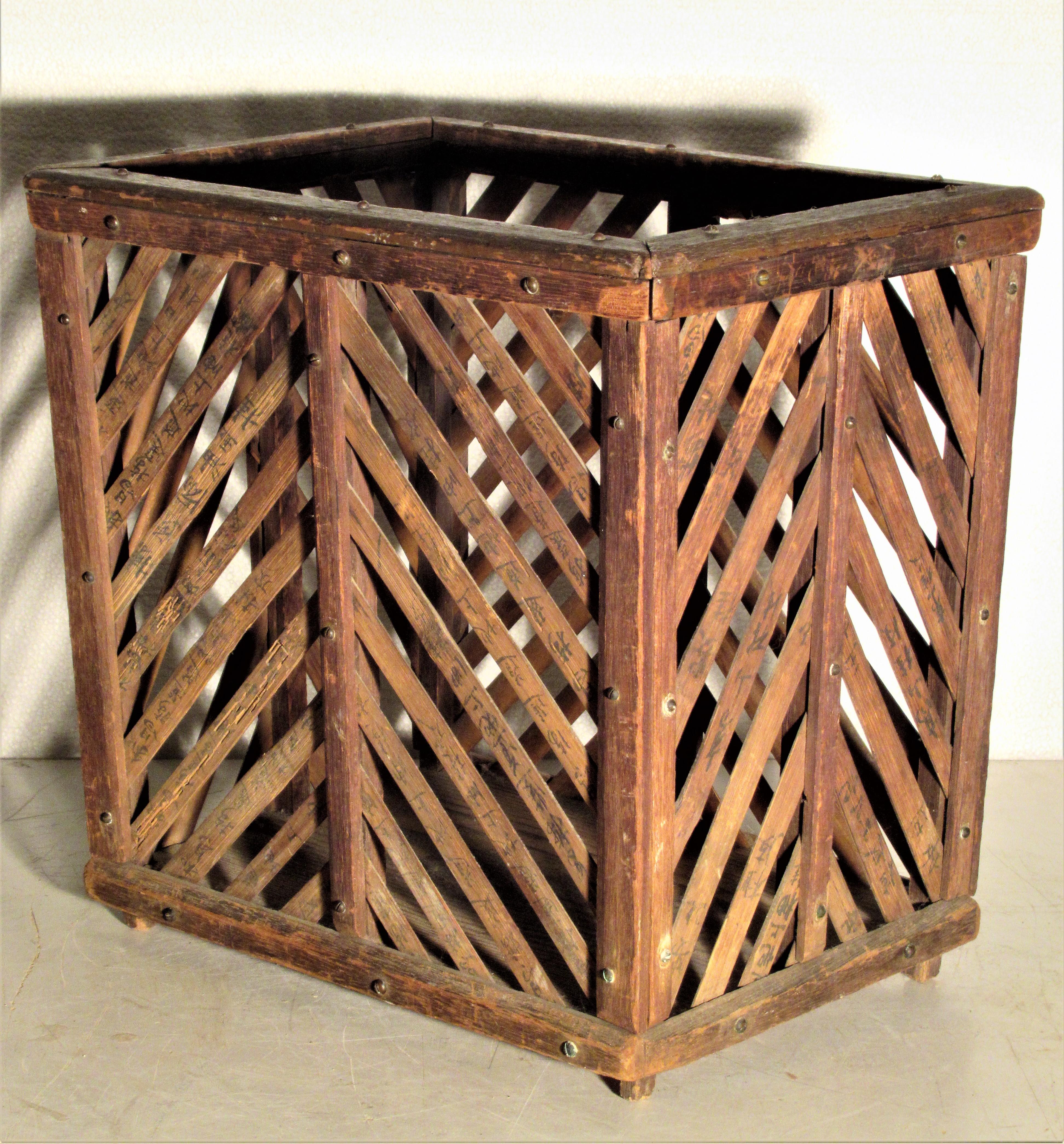 Antique Chinese Wood and Bamboo Slat Basket In Good Condition In Rochester, NY