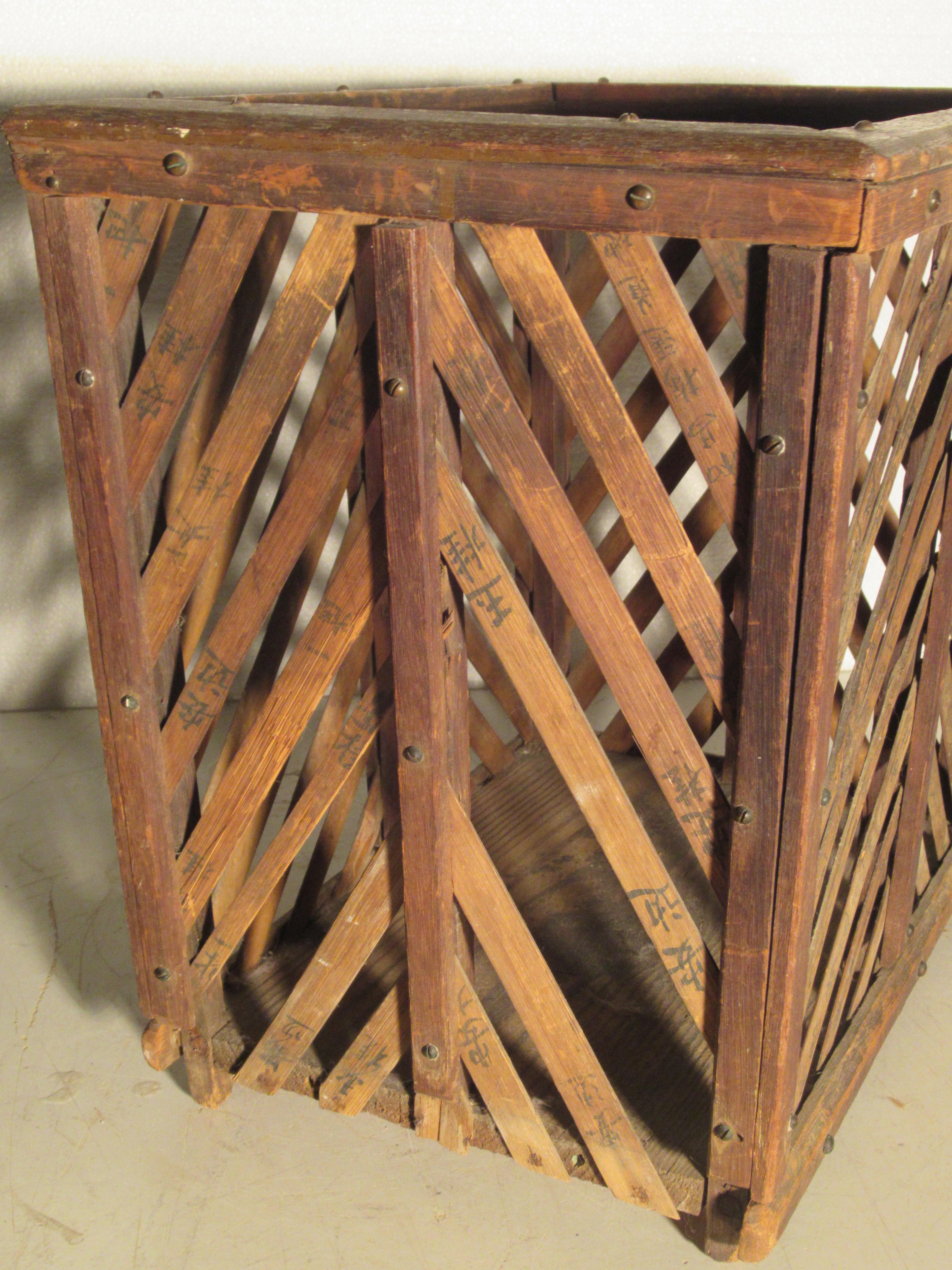 Antique Chinese Wood and Bamboo Slat Basket 5