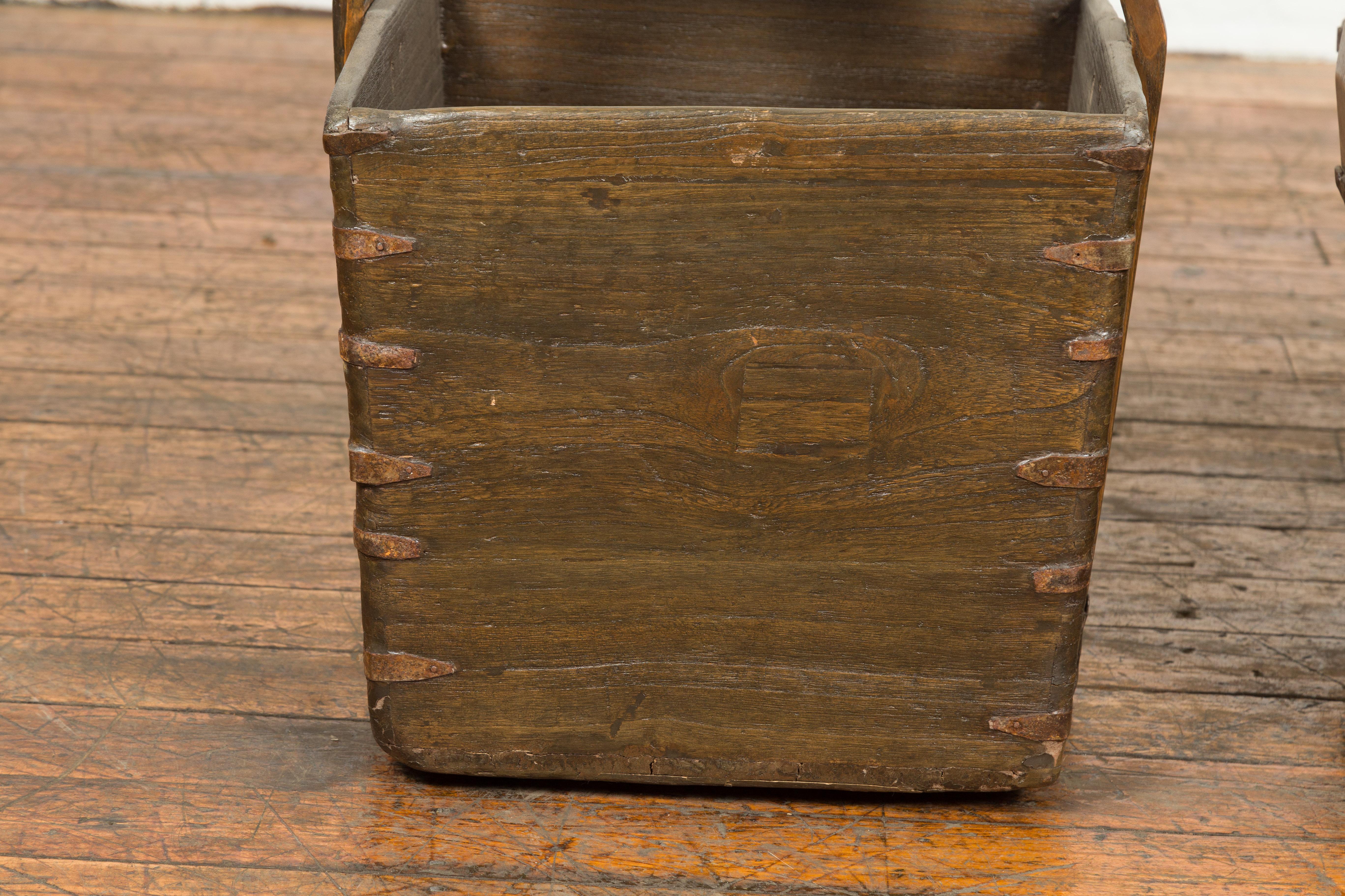 Antique Chinese Wood and Metal Grain Baskets with Carrying Handles, Sold Each For Sale 4