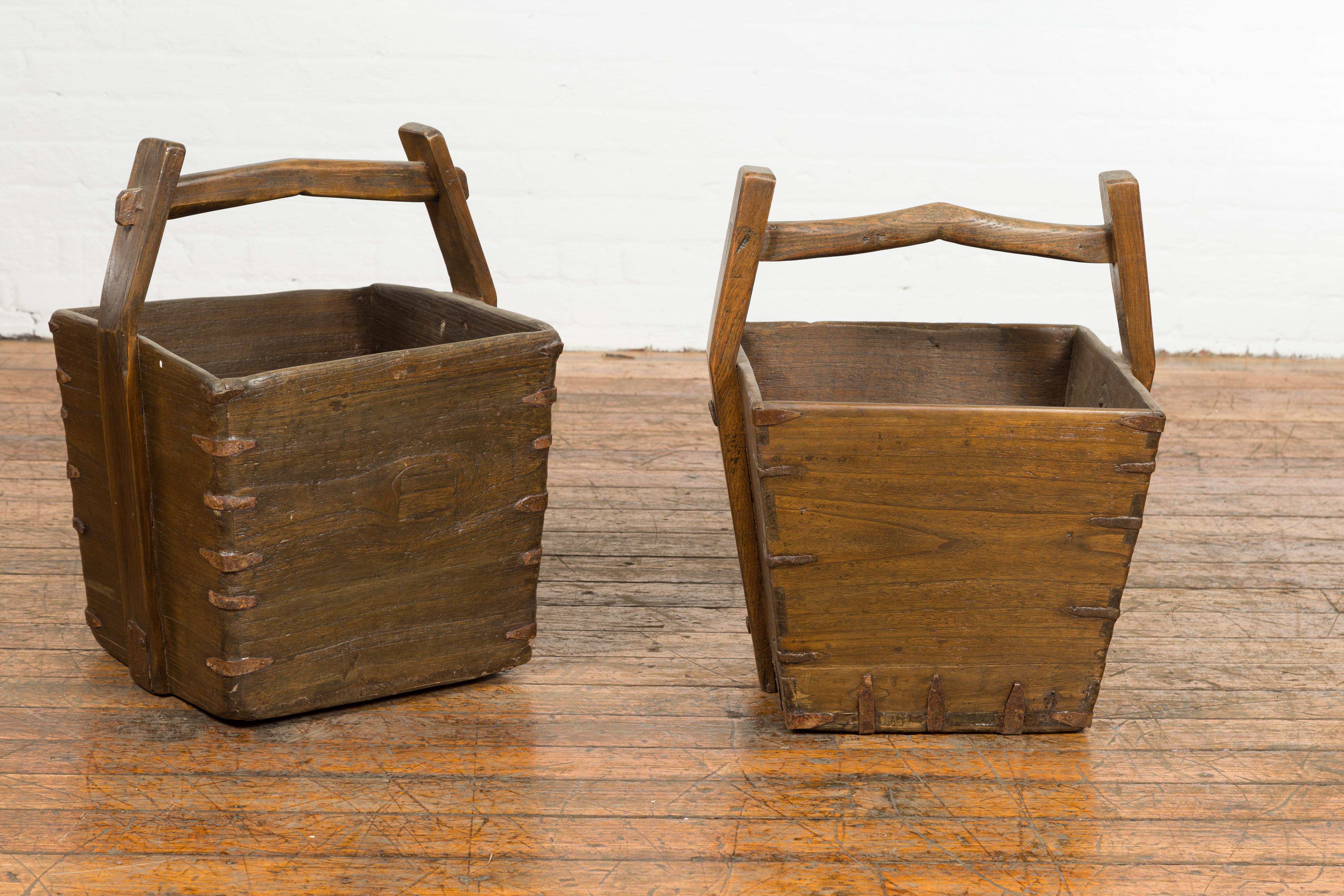 Antique Chinese Wood and Metal Grain Baskets with Carrying Handles, Sold Each For Sale 7
