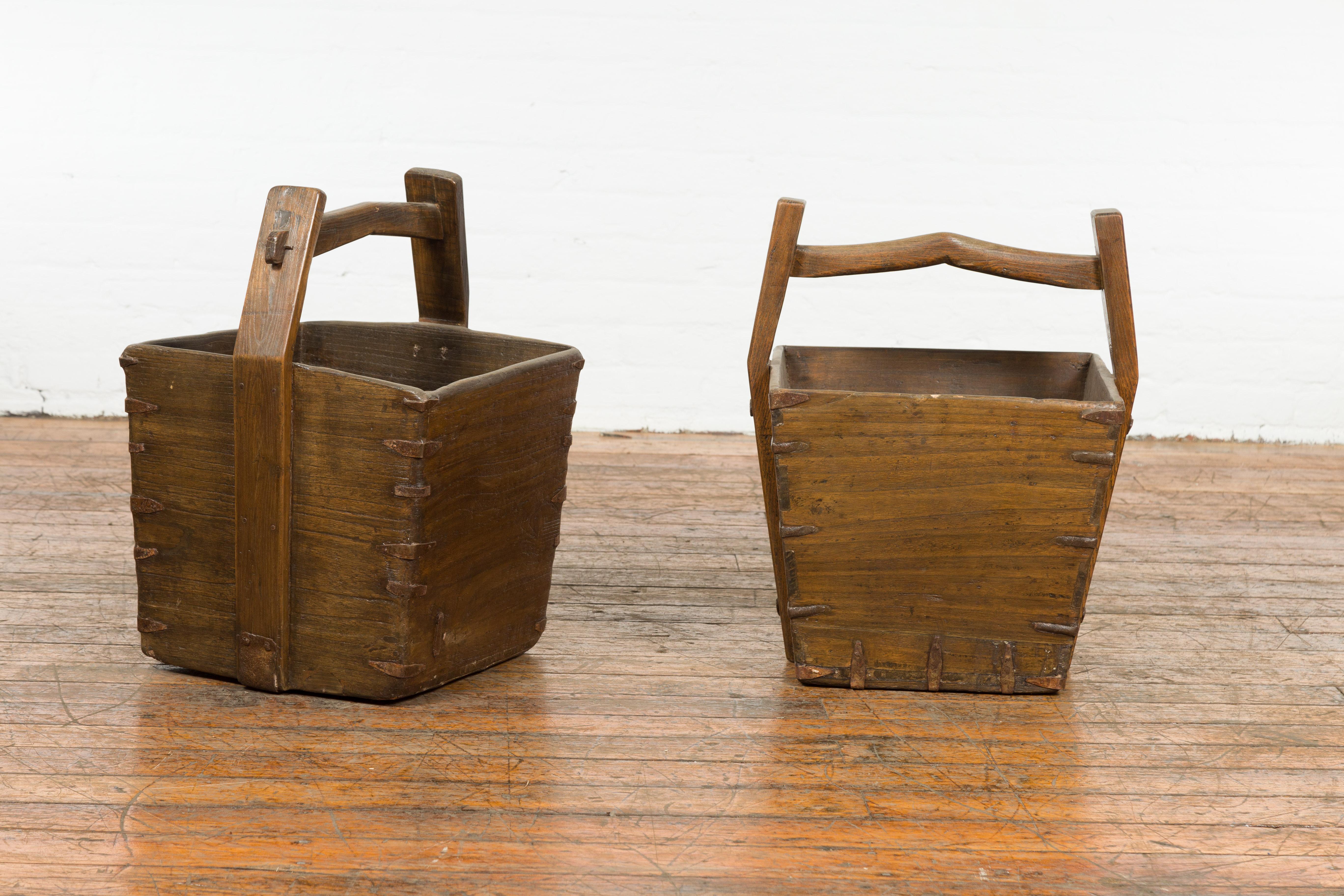 Antique Chinese Wood and Metal Grain Baskets with Carrying Handles, Sold Each For Sale 8