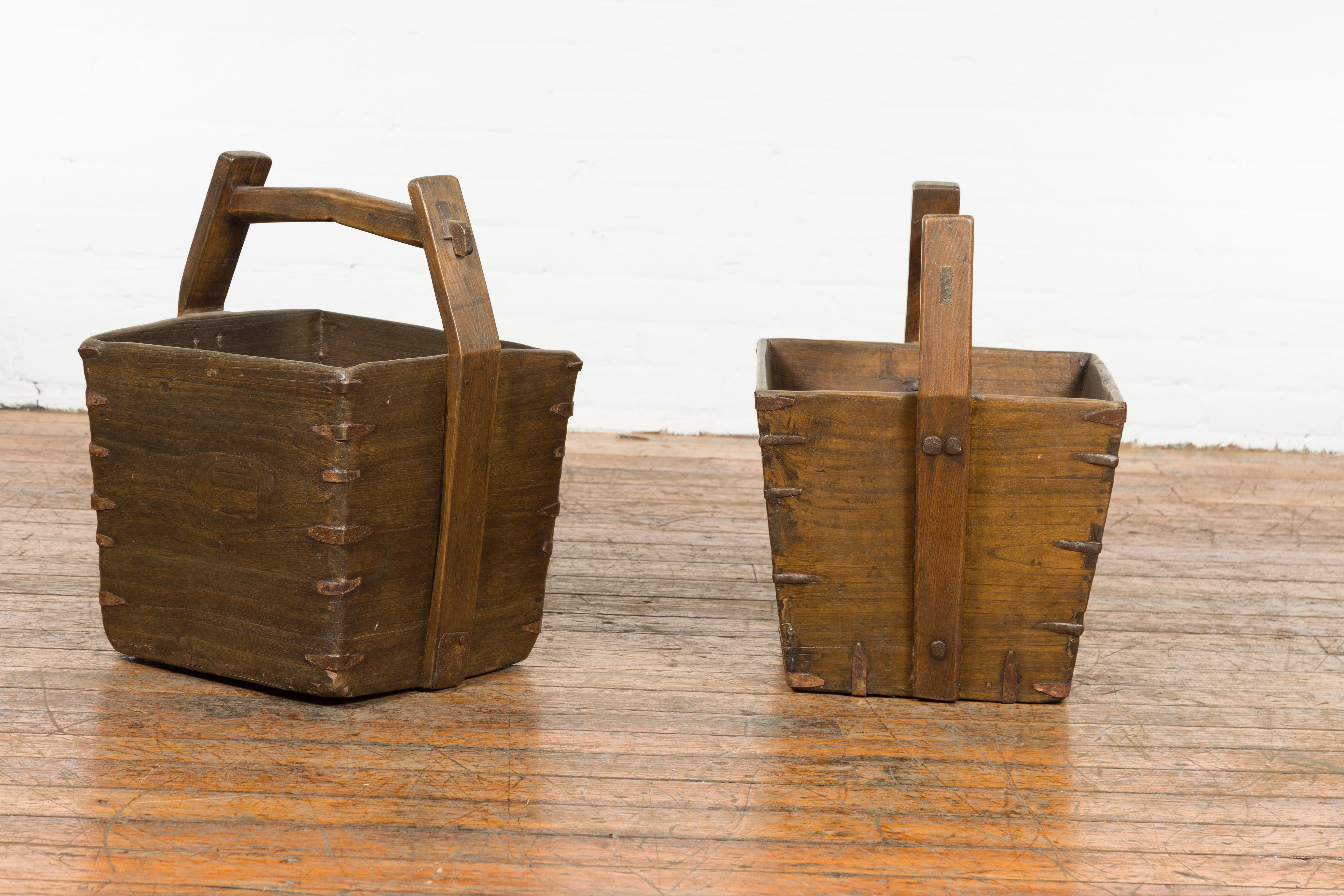Antique Chinese Wood and Metal Grain Baskets with Carrying Handles, Sold Each For Sale 9
