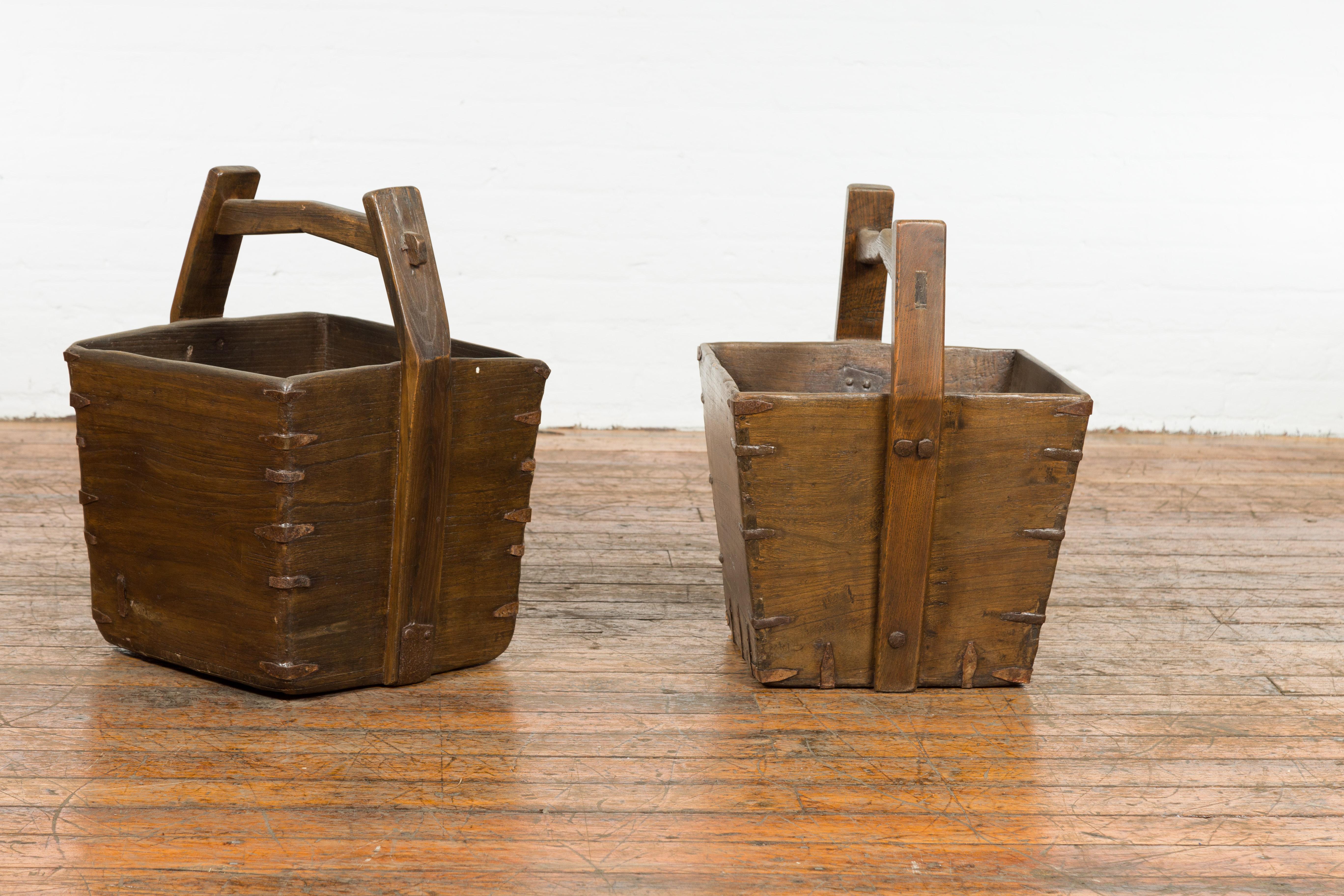 Rustic Antique Chinese Wood and Metal Grain Baskets with Carrying Handles, Sold Each For Sale