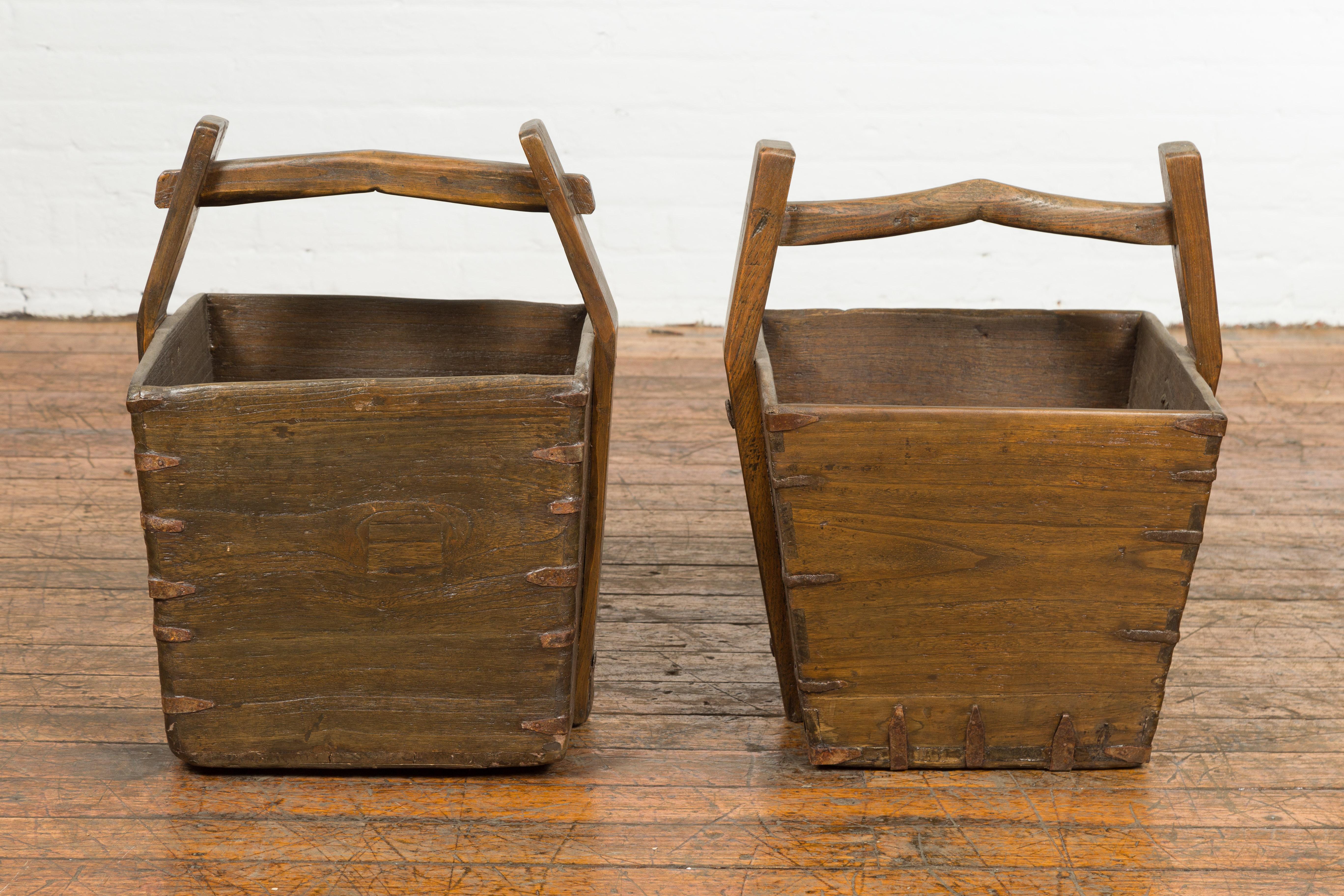 Antique Chinese Wood and Metal Grain Baskets with Carrying Handles, Sold Each In Good Condition For Sale In Yonkers, NY