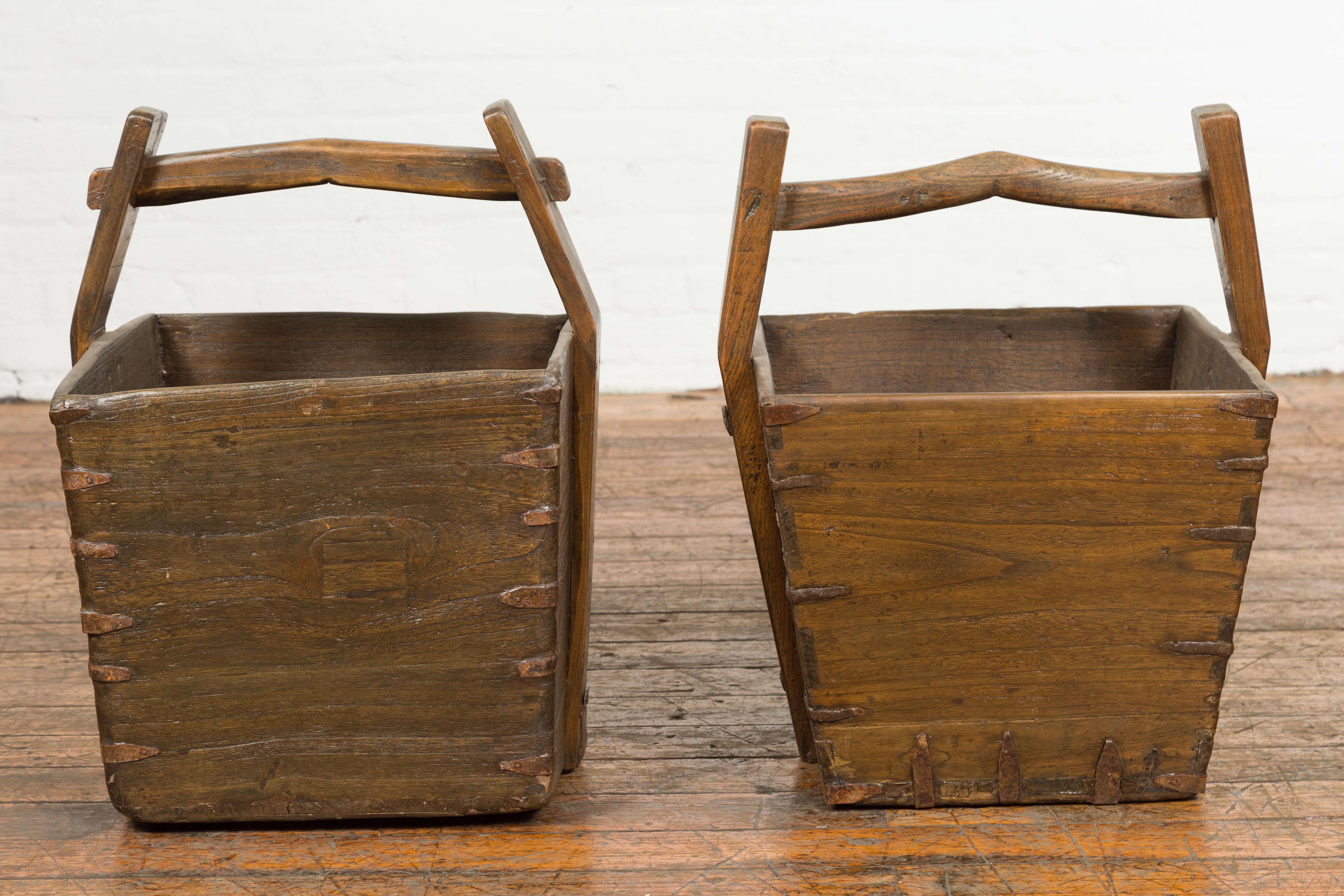 19th Century Antique Chinese Wood and Metal Grain Baskets with Carrying Handles, Sold Each For Sale