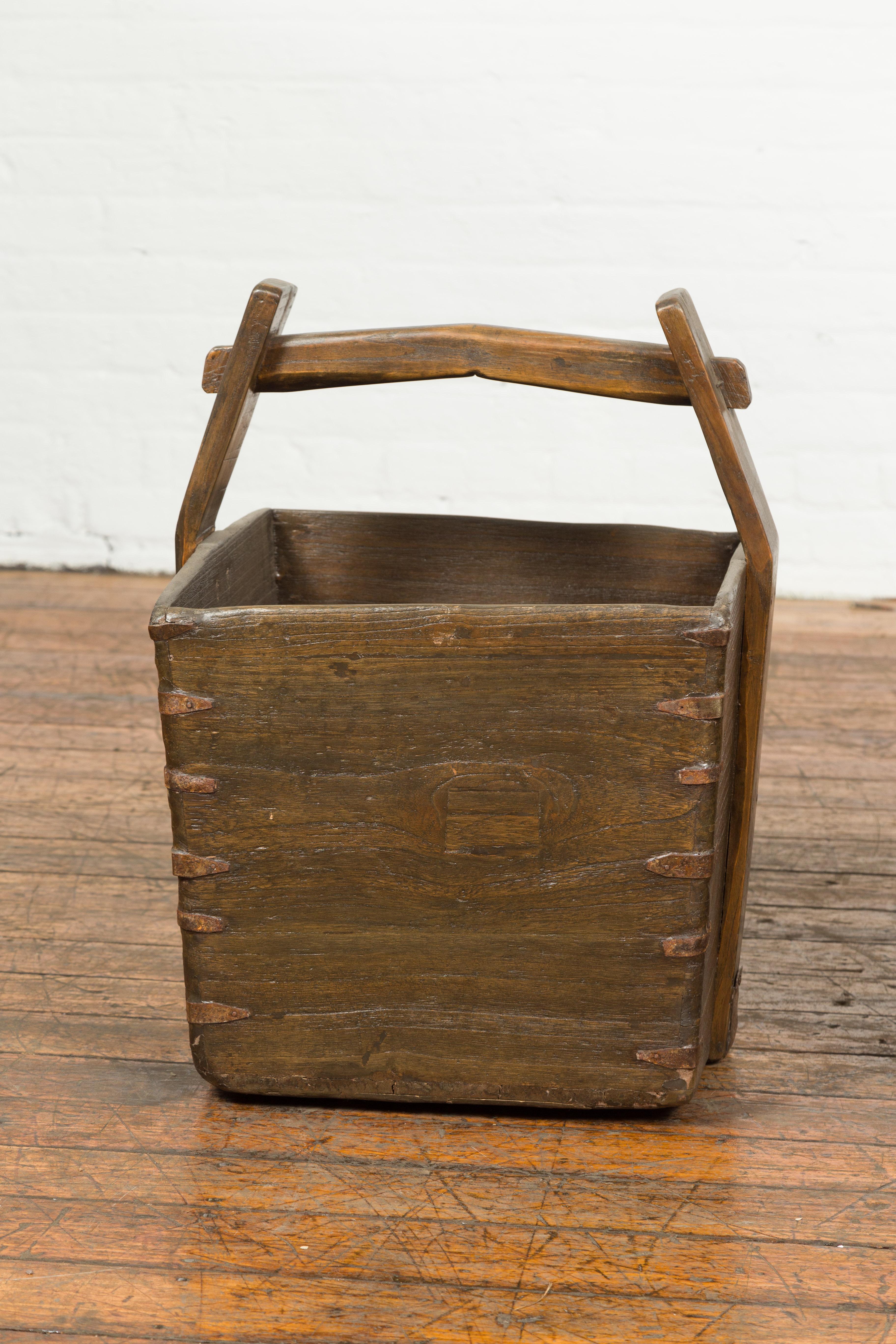 Antique Chinese Wood and Metal Grain Baskets with Carrying Handles, Sold Each For Sale 1