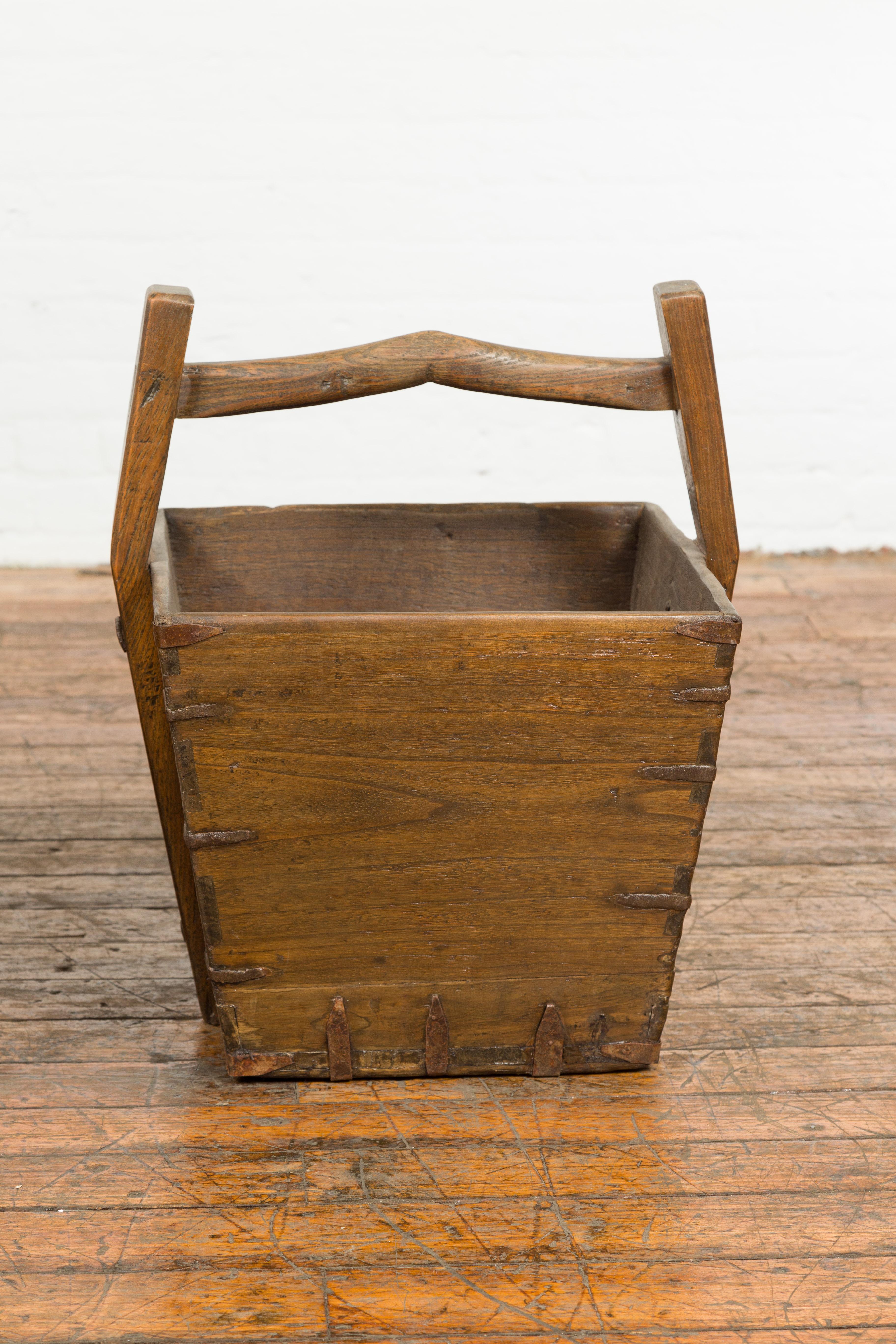 Antique Chinese Wood and Metal Grain Baskets with Carrying Handles, Sold Each For Sale 2