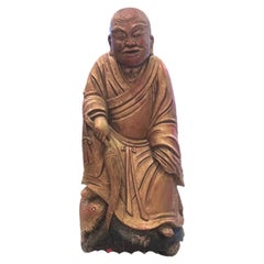 Antique Chinese Wood Hand Carved Monk Figurine