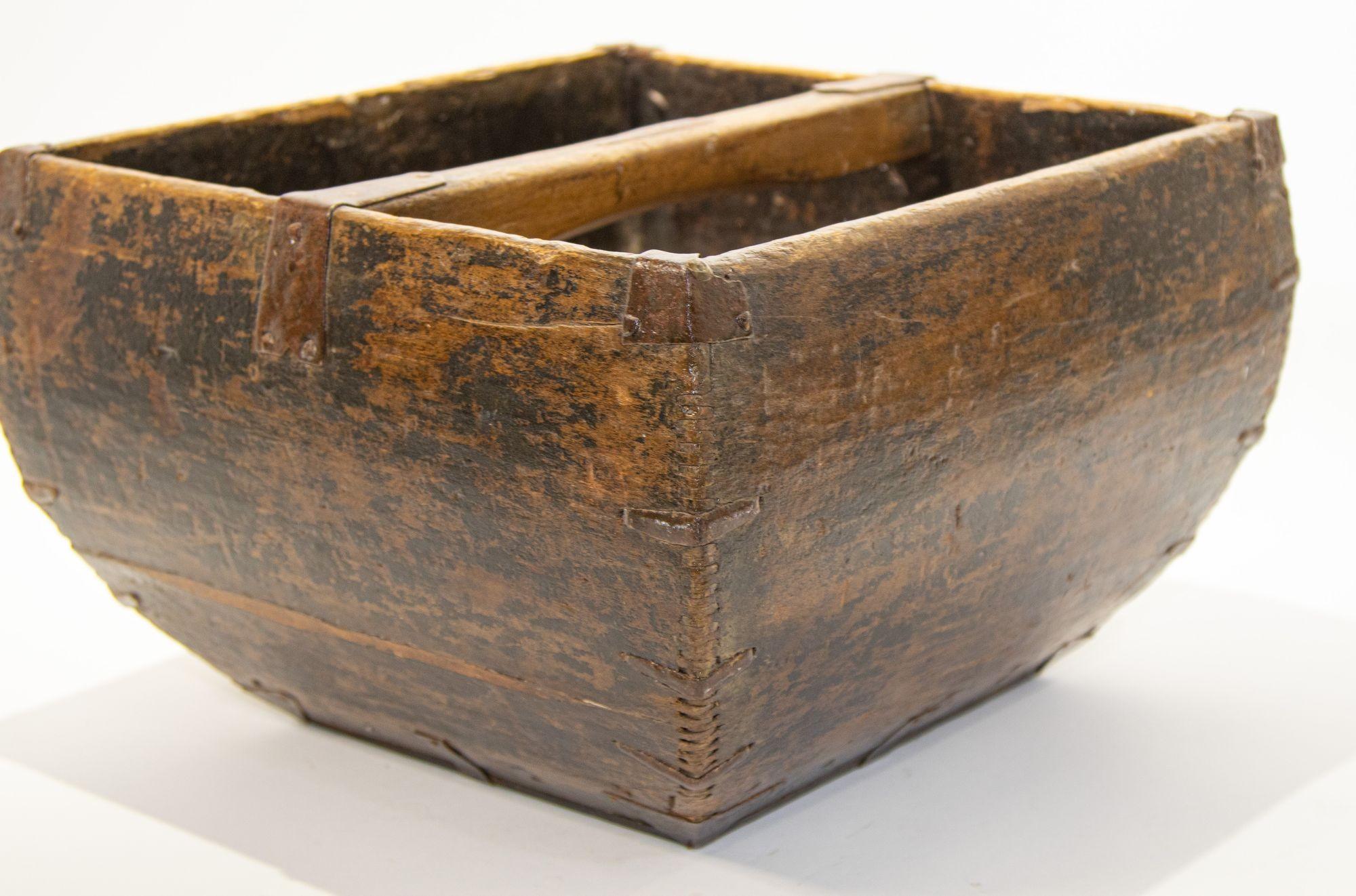Iron Antique Chinese Wood Rice Basket